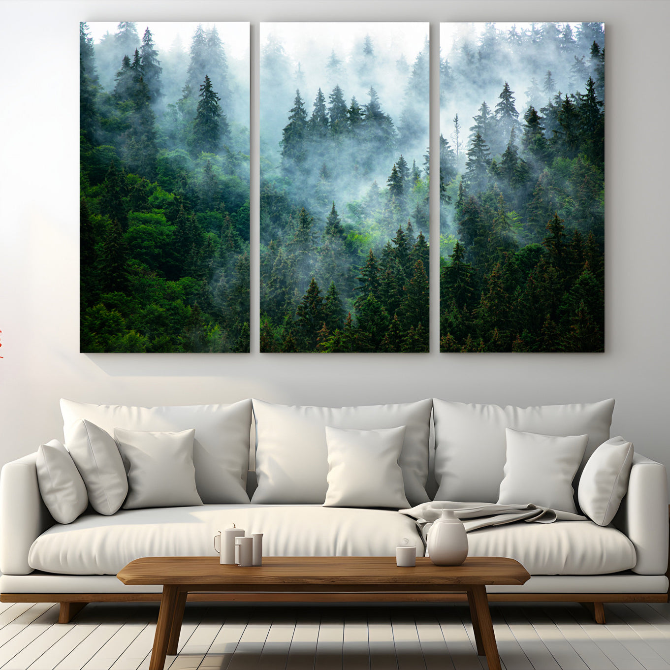 A captivating view of a dense pine forest blanketed in drifting fog, evoking a mystical and tranquil atmosphere.