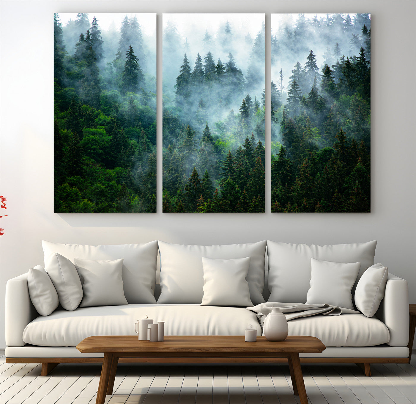 17393683-MGV-CV-48X32-3P-Misty Forest Wall Art Canvas Print – Framed Foggy Mountain Landscape Artwork, Serene Scenic Decor for Home, Office