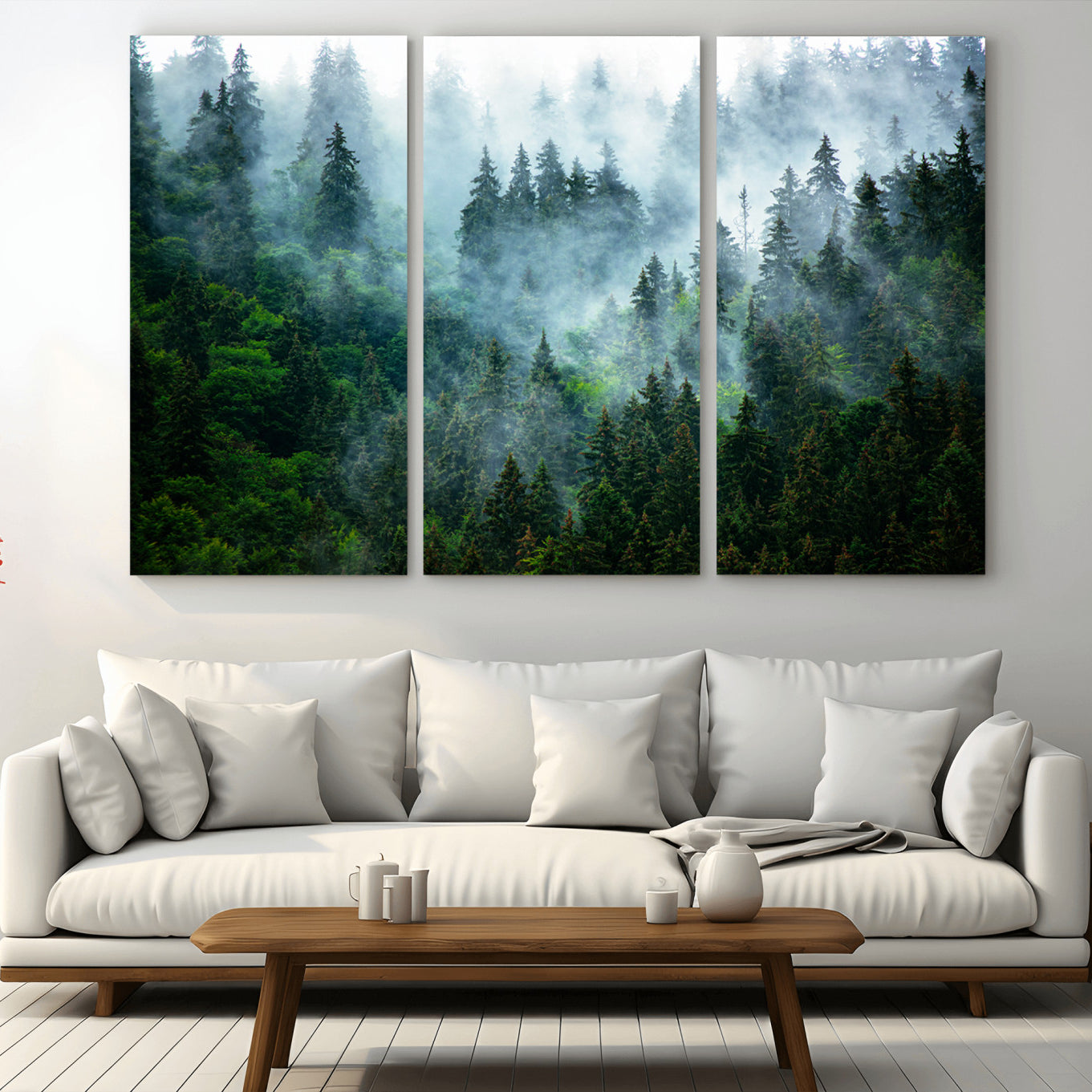17393683-MGV-CV-48X32-3P-Misty Forest Wall Art Canvas Print – Framed Foggy Mountain Scene with Serene Nature Artwork for Home, Office, Living Room