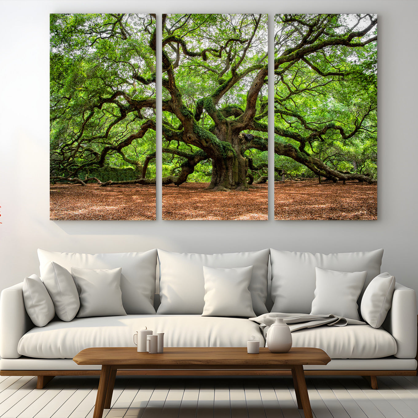 A majestic, ancient tree with expansive, twisting branches spreading wide under a dense, vibrant green canopy in a serene forest clearing.