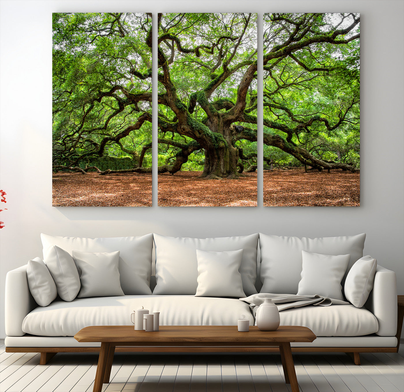 A majestic, ancient tree with expansive, twisting branches spreading wide under a dense, vibrant green canopy in a serene forest clearing.