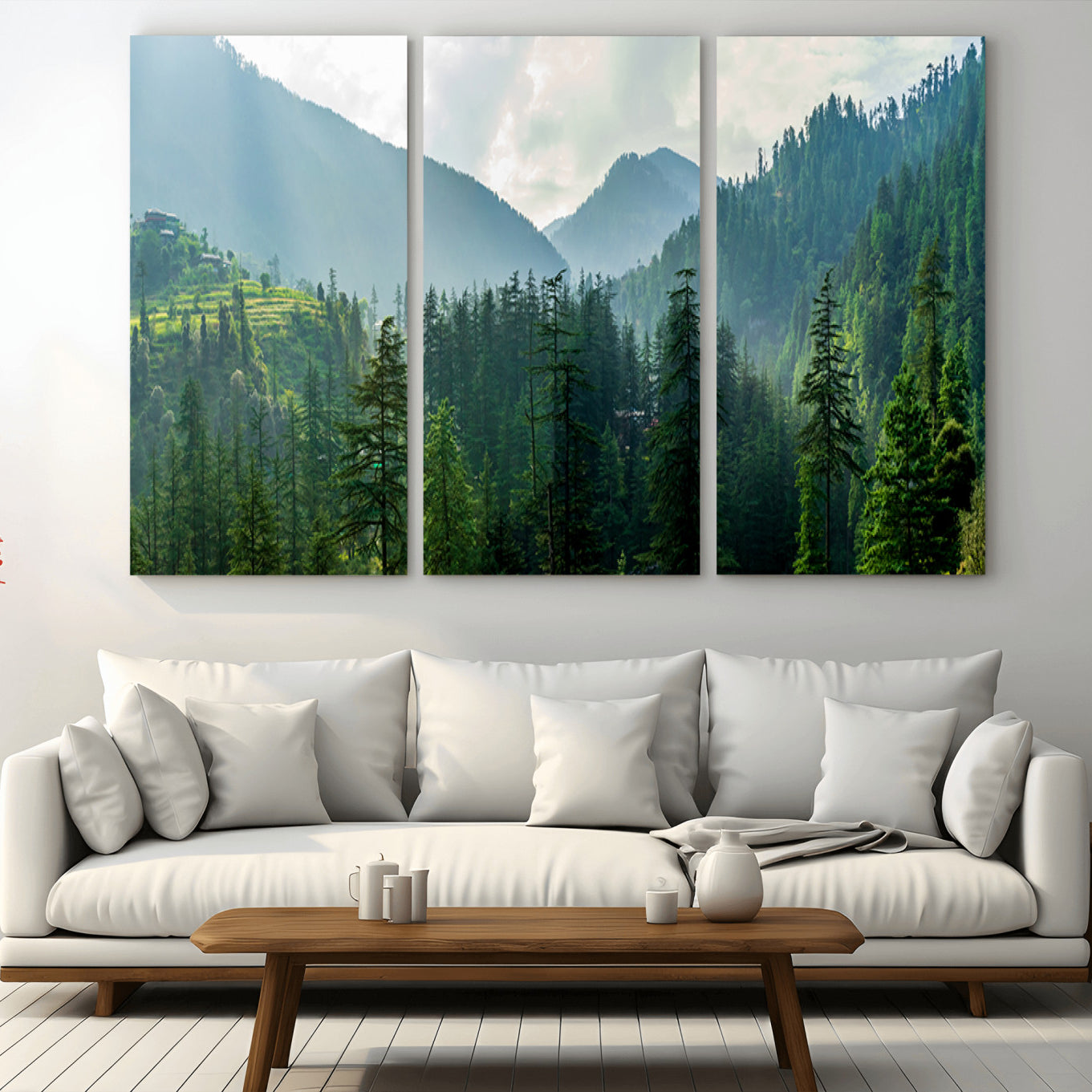 83417191-MGV-CV-36X24-Misty Forest Mountain Wall Art Canvas Print – Framed Serene Nature Scene with Tranquil Valley Artwork for Home, Office
