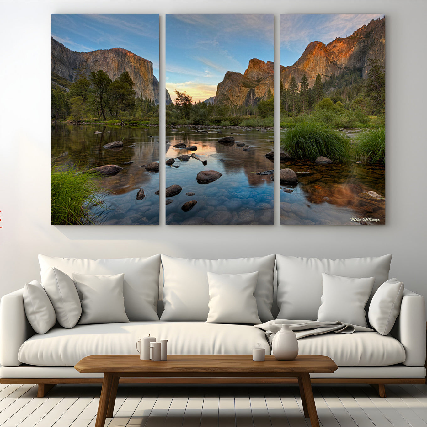 Canvas of Yosemite Valley with El Capitan and sunset reflections in a calm river, perfect for rustic or nature-themed décor.