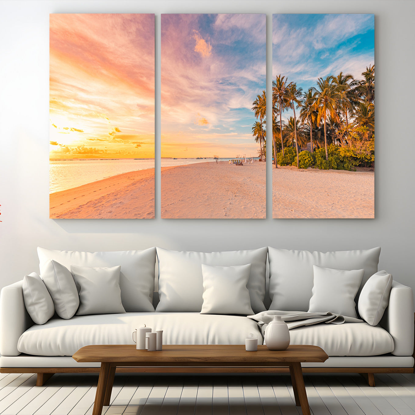 Tropical beach canvas with palm trees and soft sunset tones, ideal for coastal or beach-style home décor in warm pastel hues.