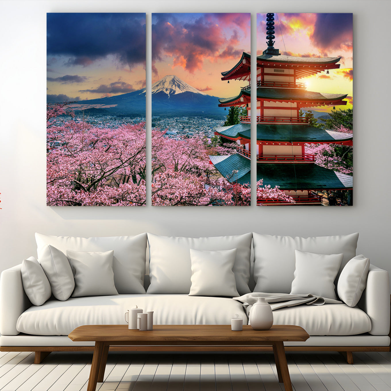Mount Fuji & Cherry Blossom Wall Art Canvas Print – Iconic Japanese Landscape, Sakura Pagoda Sunset, Multi-Panel Framed Artwork for Home, Office & Zen Decor
