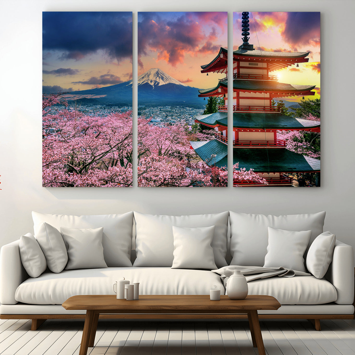 32331262-MGV-CV-48X32-3P-Mount Fuji & Cherry Blossom Wall Art Canvas Print – Iconic Japanese Landscape, Sakura Pagoda Sunset,