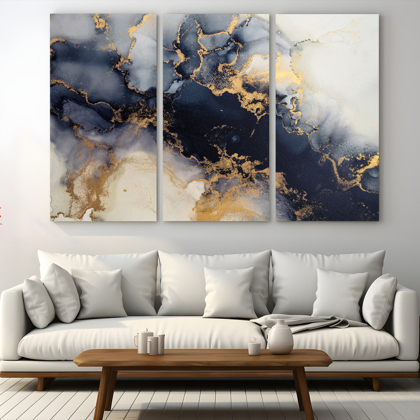 41136487-MGV-CV-48X32-3P-Black Marble Wall Art Canvas Print – Framed Abstract Gold Veins Elegant Luxury Design Decor for Home, Office