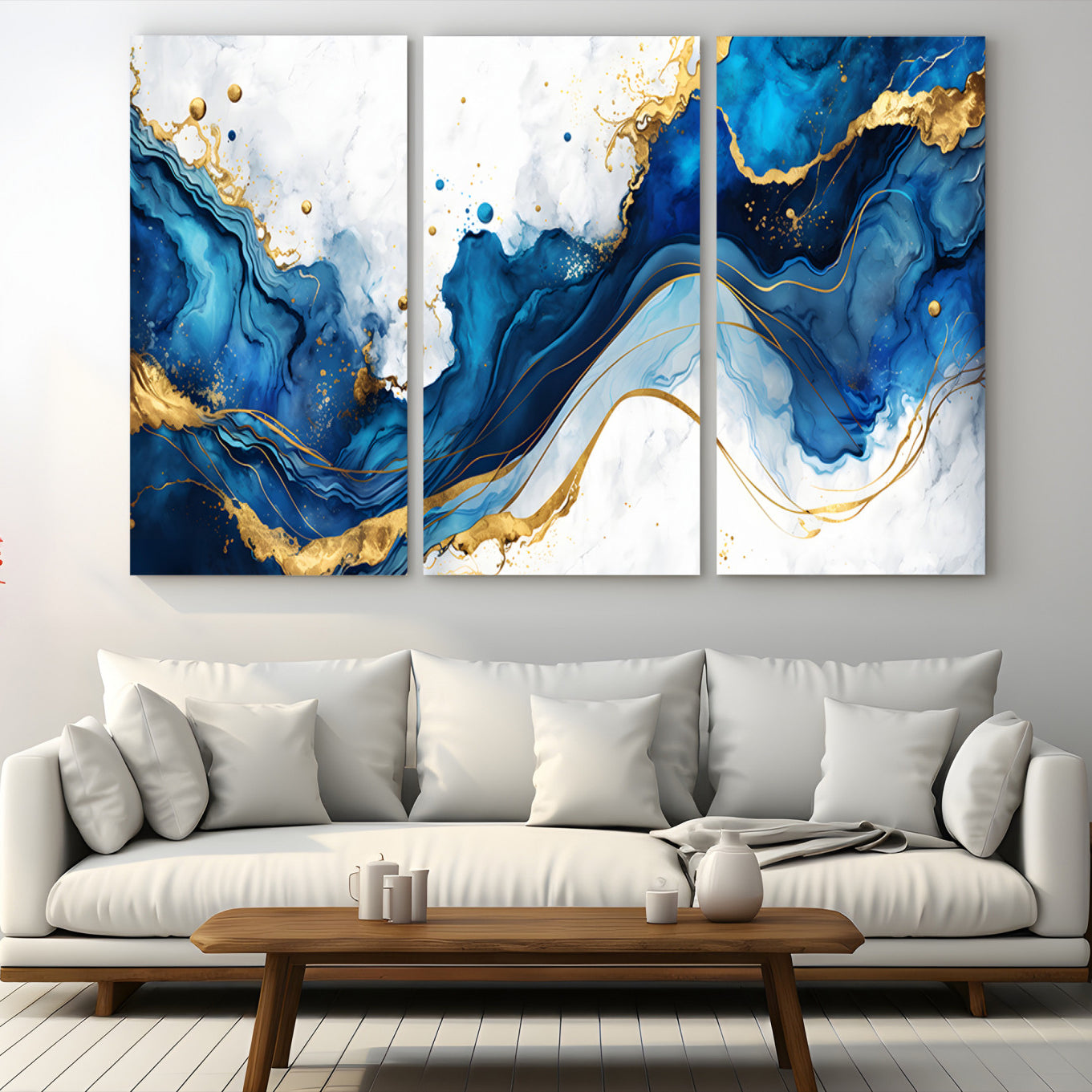 33506371-MGV-CV-48X32-3P-Blue Marble Wall Art Canvas Print – Framed Gold Splash Wave Design Modern Abstract Artwork for Home, Office