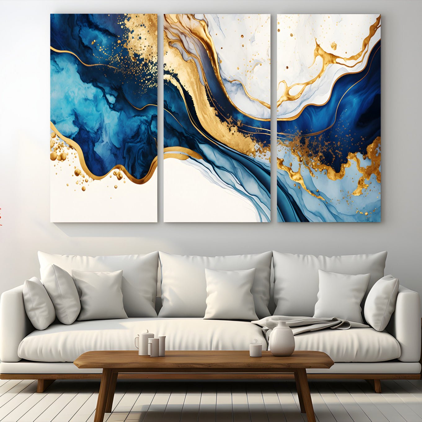 60283636-MGV-CV-48X32-3P-Blue Gold Flow Wall Art Canvas Print – Framed Marble Design Elegant Splash Abstract Artwork for Home, Office