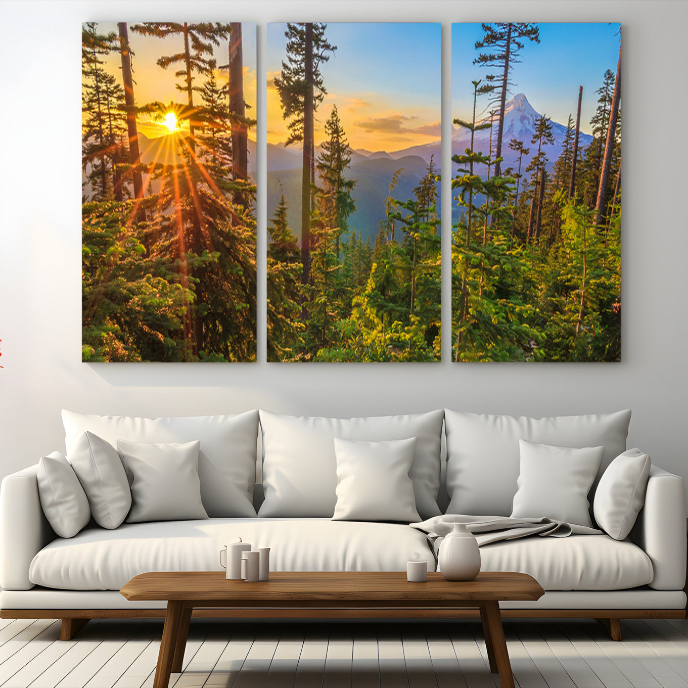 83544043-MGV-CV-48X32-3P-Forest Sunset Wall Art Canvas Print, Framed Sunset Trees Art Picture Print, Green Pines Perfect
