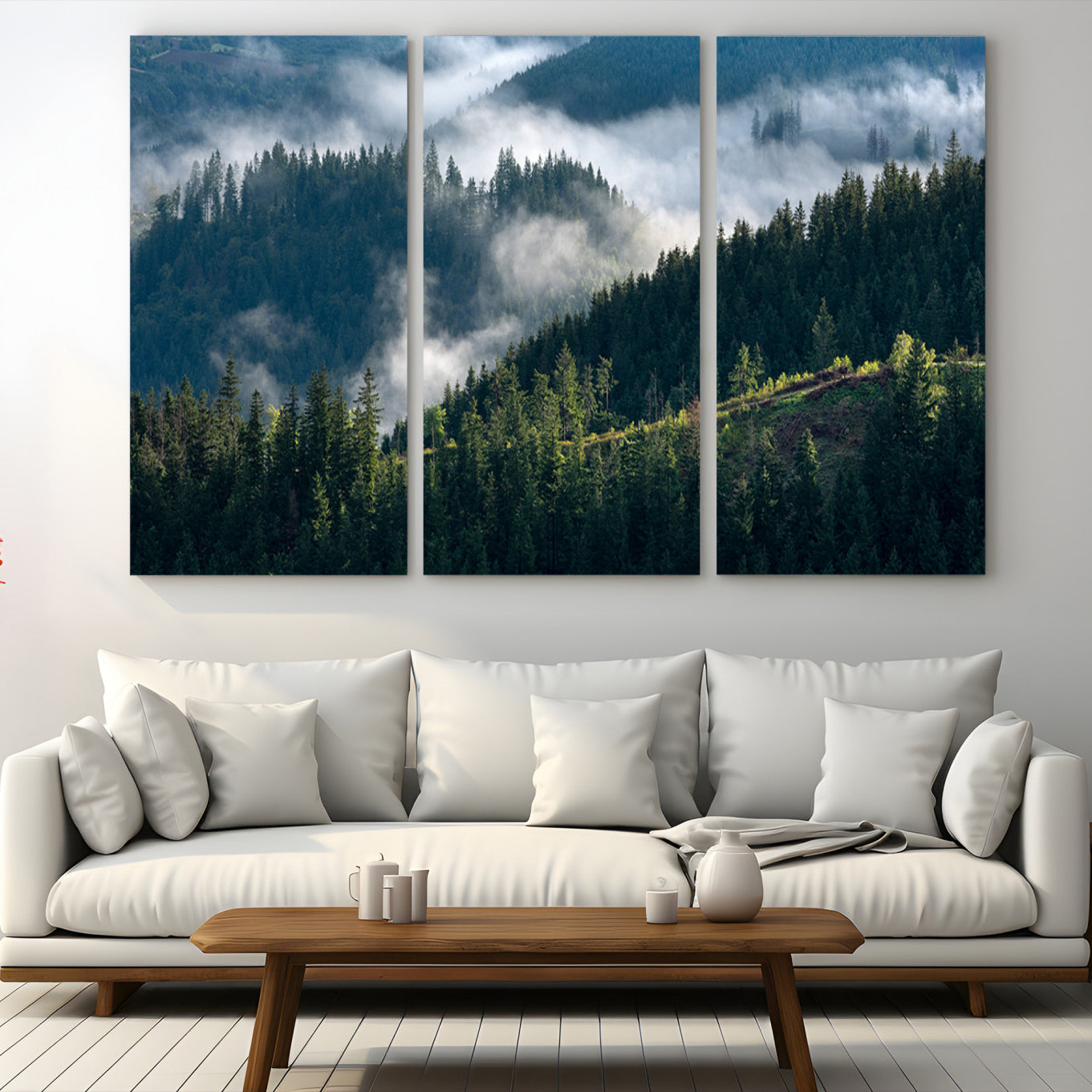 84598503-MGV-CV-48X32-3P-Misty Forest Wall Art Canvas Print, Framed Pine Hills Art Picture Print, Misty Forest Print,