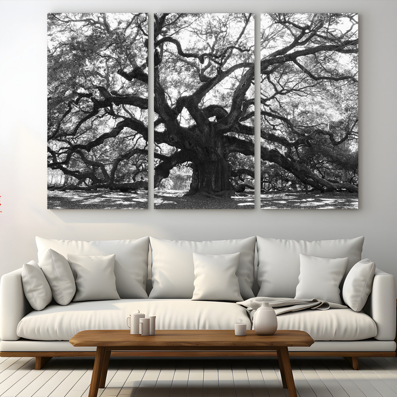Black and white canvas of an ancient oak tree with sprawling, twisted branches, ideal for moody nature-inspired or rustic decor.