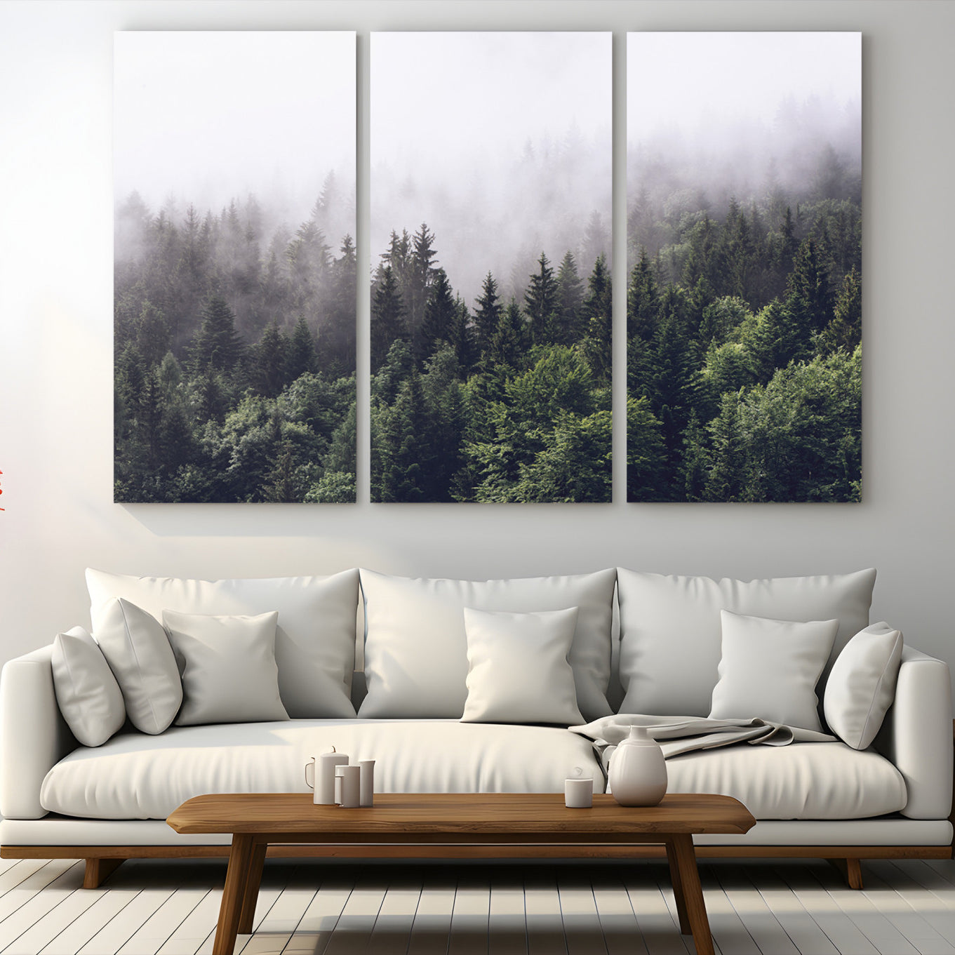 62890402-MGV-CV-48X32-3P-Misty Forest Wall Art Canvas Print – Foggy Pines Pine Valley Moody Landscape Nature Artwork for Home Office