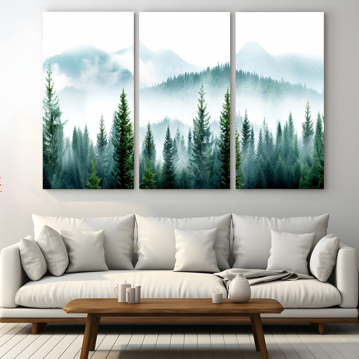 Canvas of pine forest and misty mountain layers in cool tones, perfect for moody forest or serene nature-inspired home decor.