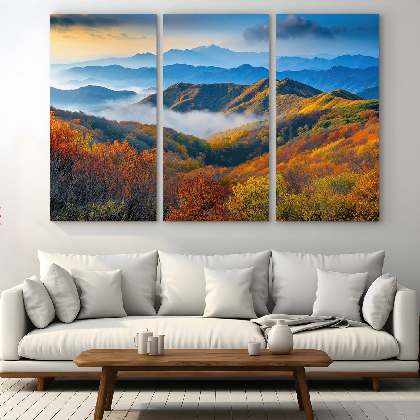 86772247-MGV-CV-48X32-3P-Autumn Mountains Wall Art Canvas Print, Autumn Mountain Foggy Landscape Wall Art Canvas Print,