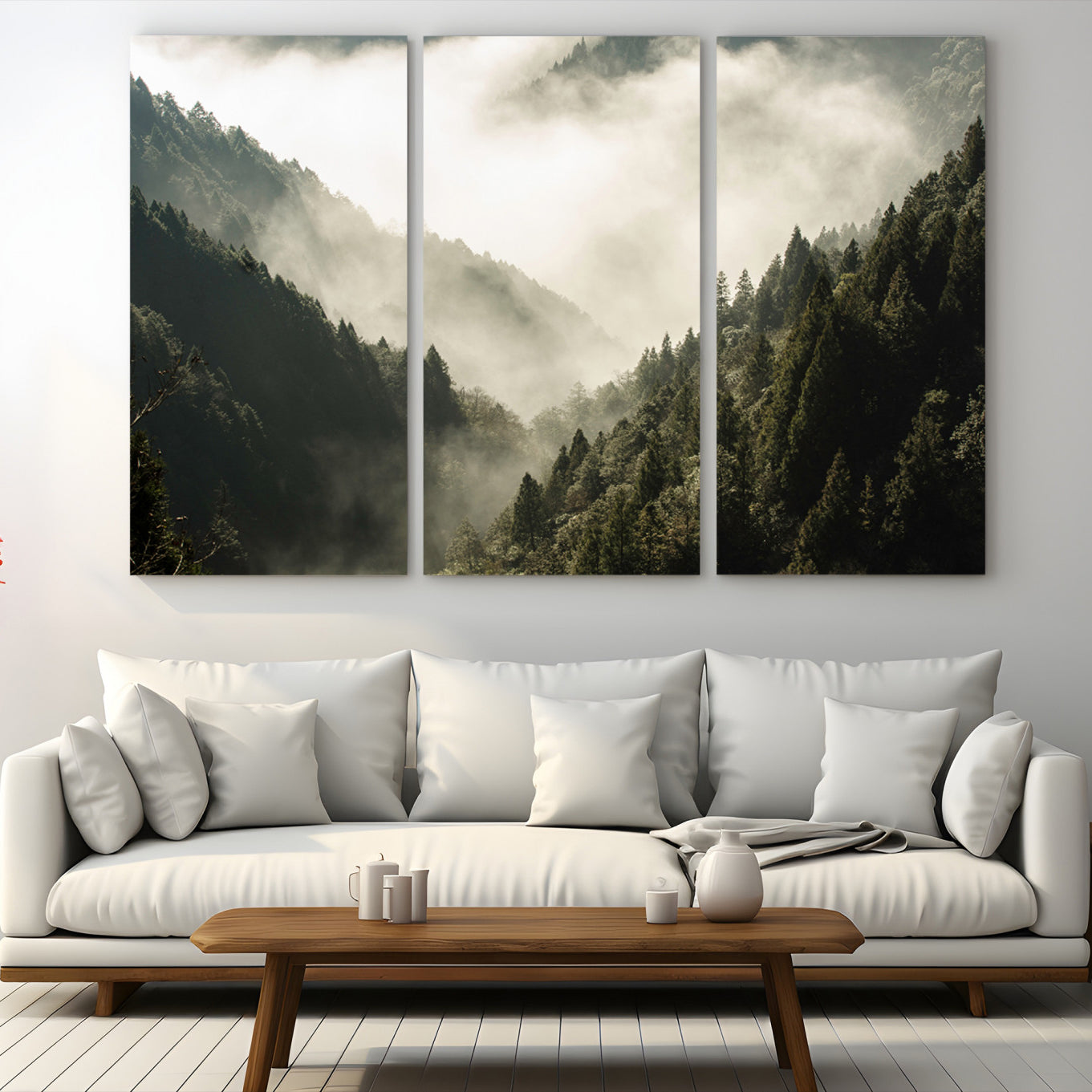 57570237-MGV-CV-48X32-3P-Misty Valley Canvas Print, Framed Foggy Forest Art Picture Print, Pine Trees Perfect Moody Woodland
