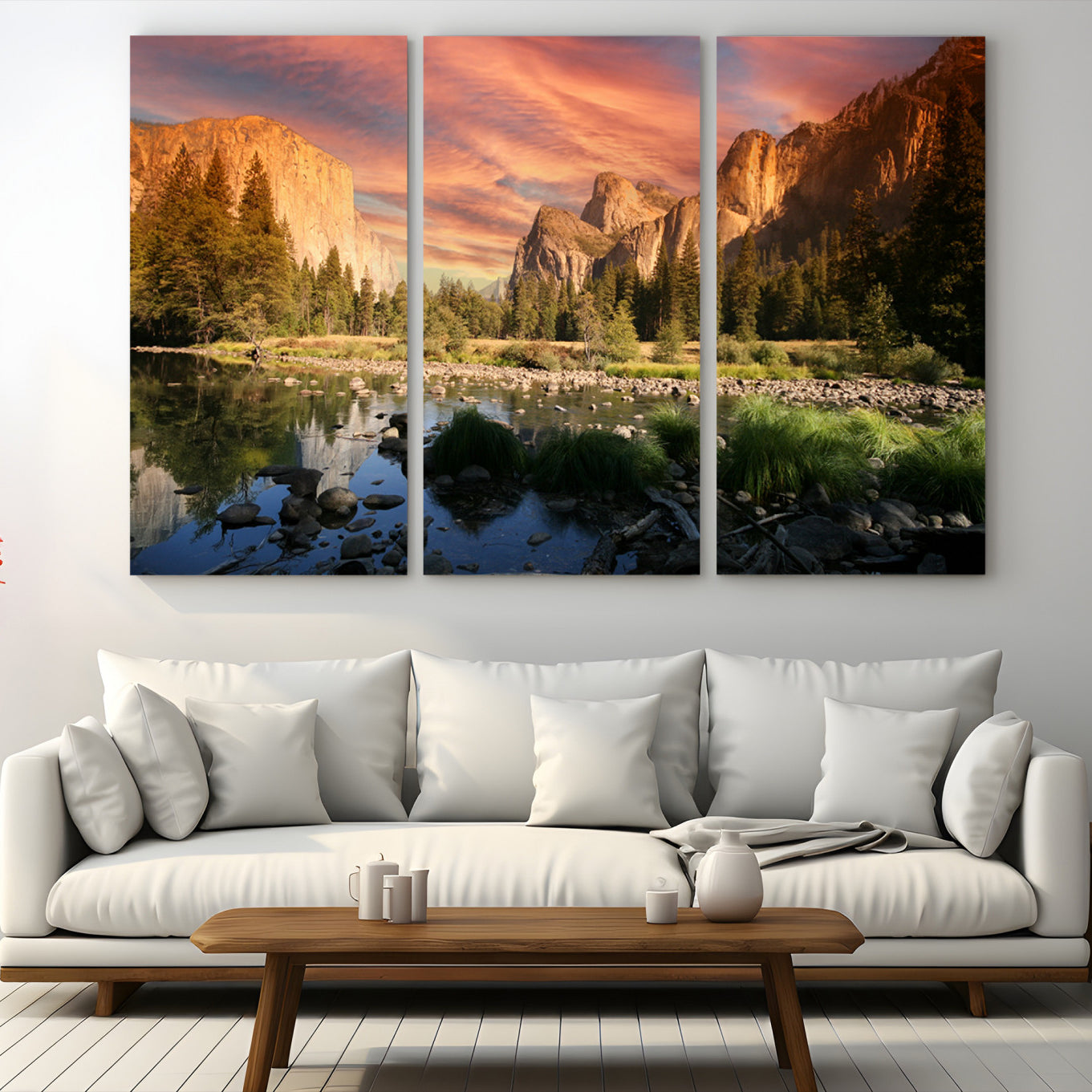 31199457-MGV-CV-48X32-3P-Yosemite Valley Canvas Wall Art, Framed El Capitan Art Picture Print, Sunset Sky Perfect Vibrant