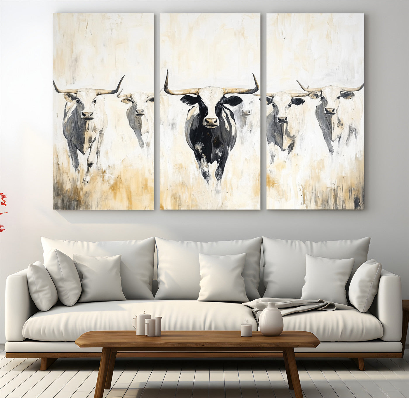 40397799-MGV-CV-48X32-3P-Texas Longhorn Wall Art Canvas Print – Rustic Western Bull Herd Neutral Tones Country Ranch Artwork for Home Office