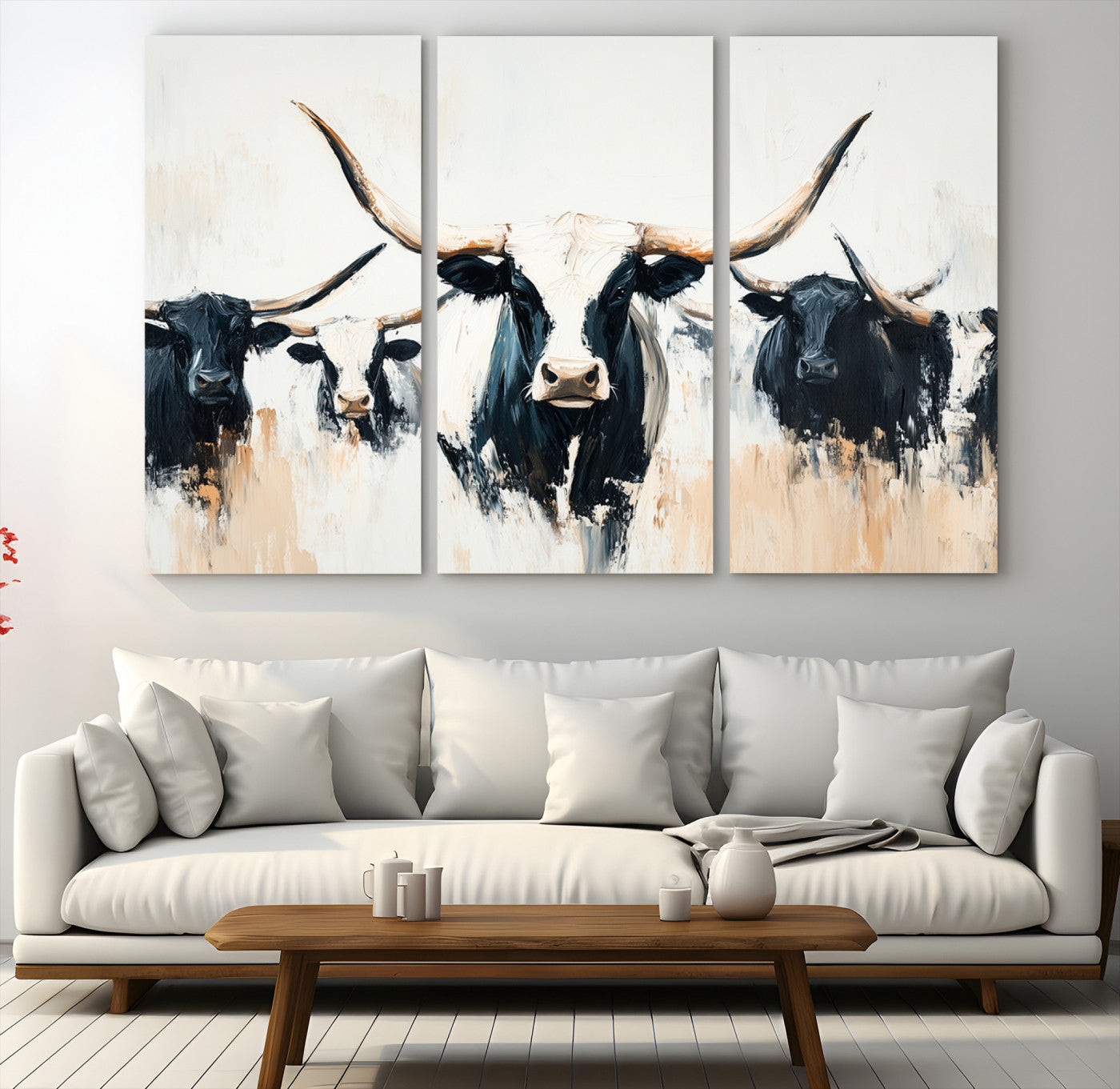 94780606-MGV-CV-48X32-3P-Texas Longhorn Wall Art Canvas Print, Framed Western Cattle Art Picture Print, Horned Bull Perfect