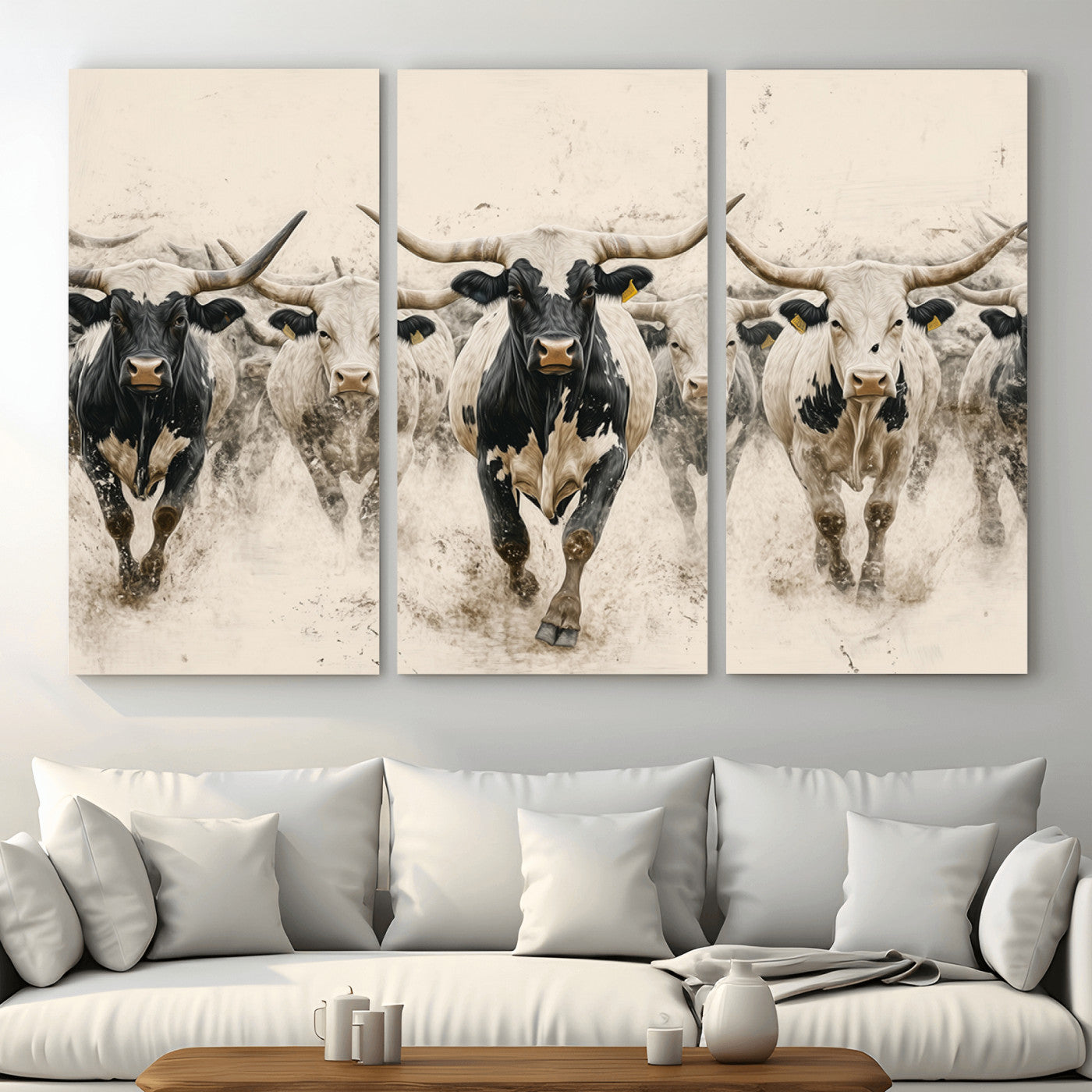 MGV-CV-48X32-3P - Cream Dust Longhorn Wall Art – Canvas Print of Western Herd Stampede, Dynamic Charge, Rustic Prairie Motion, Bold Nature Farm Decor