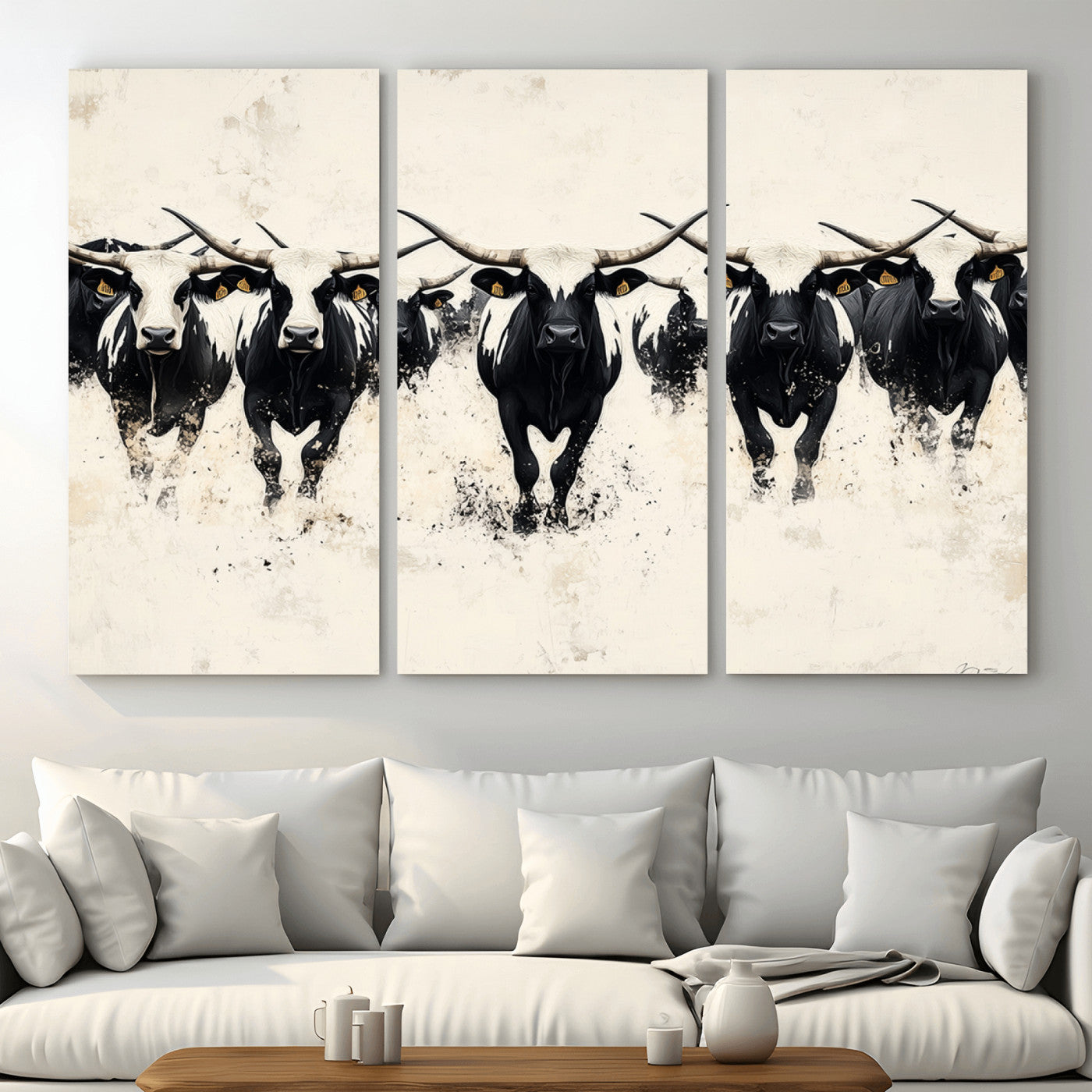 MGV-CV-48X32-3P - Longhorn Cattle Wall Art – Canvas Print of Herd in Motion, Symmetry and Ink Splatter, Minimalist Western Ranch, Bold Rustic Farm Decor