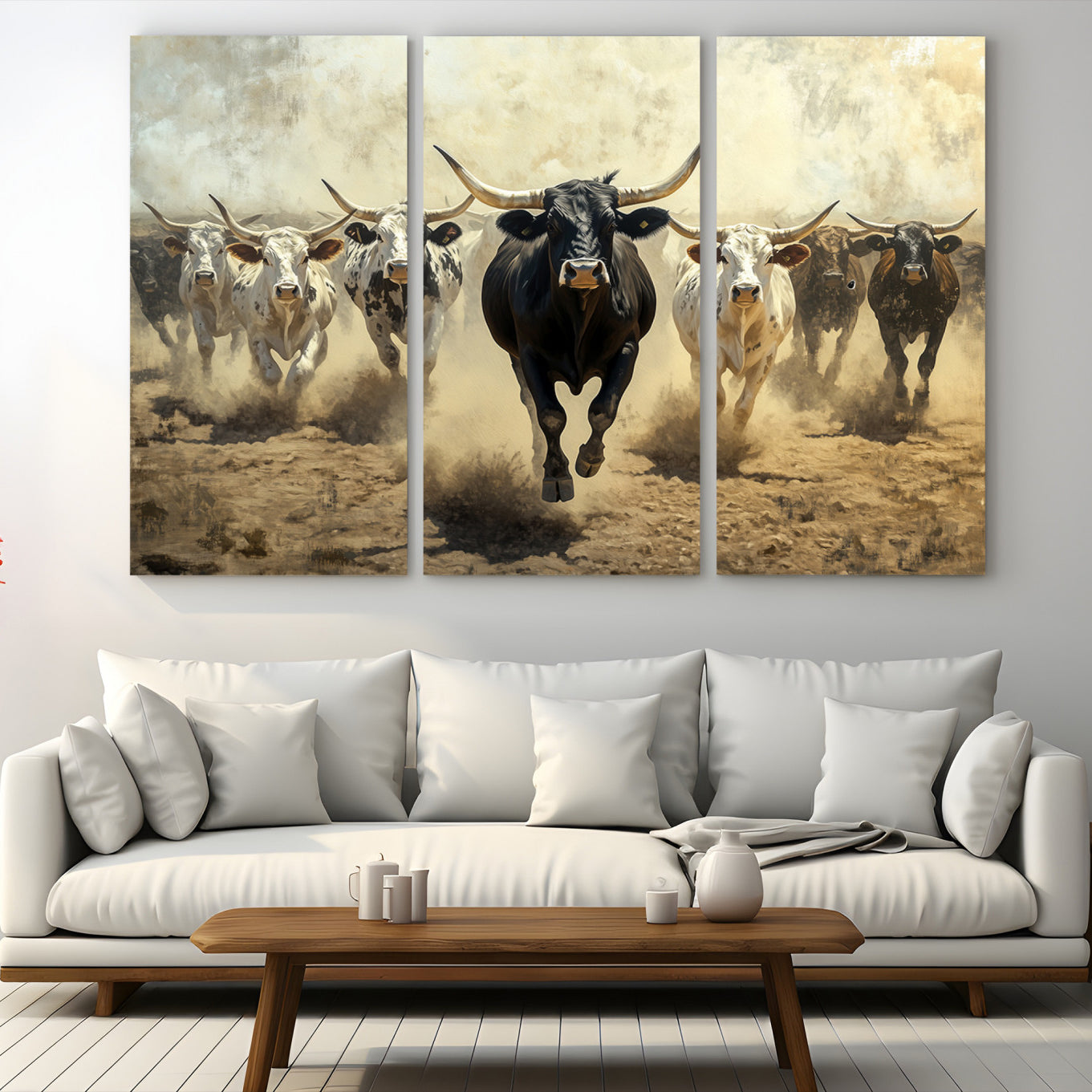 Dynamic canvas showing a Texas Longhorn stampede with earthy tones and bold movement, perfect for rustic or Western-style interiors.