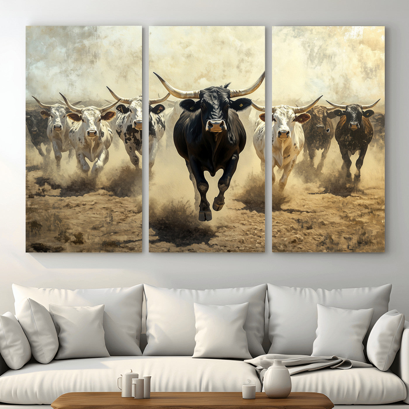MGV-CV-48X32-3P - Running Cattle Wall Art – Canvas Print of Western Herd, Dust Stampede, Longhorns, Wild West Ranch, Bold Rustic Farm Decor for Home or Office