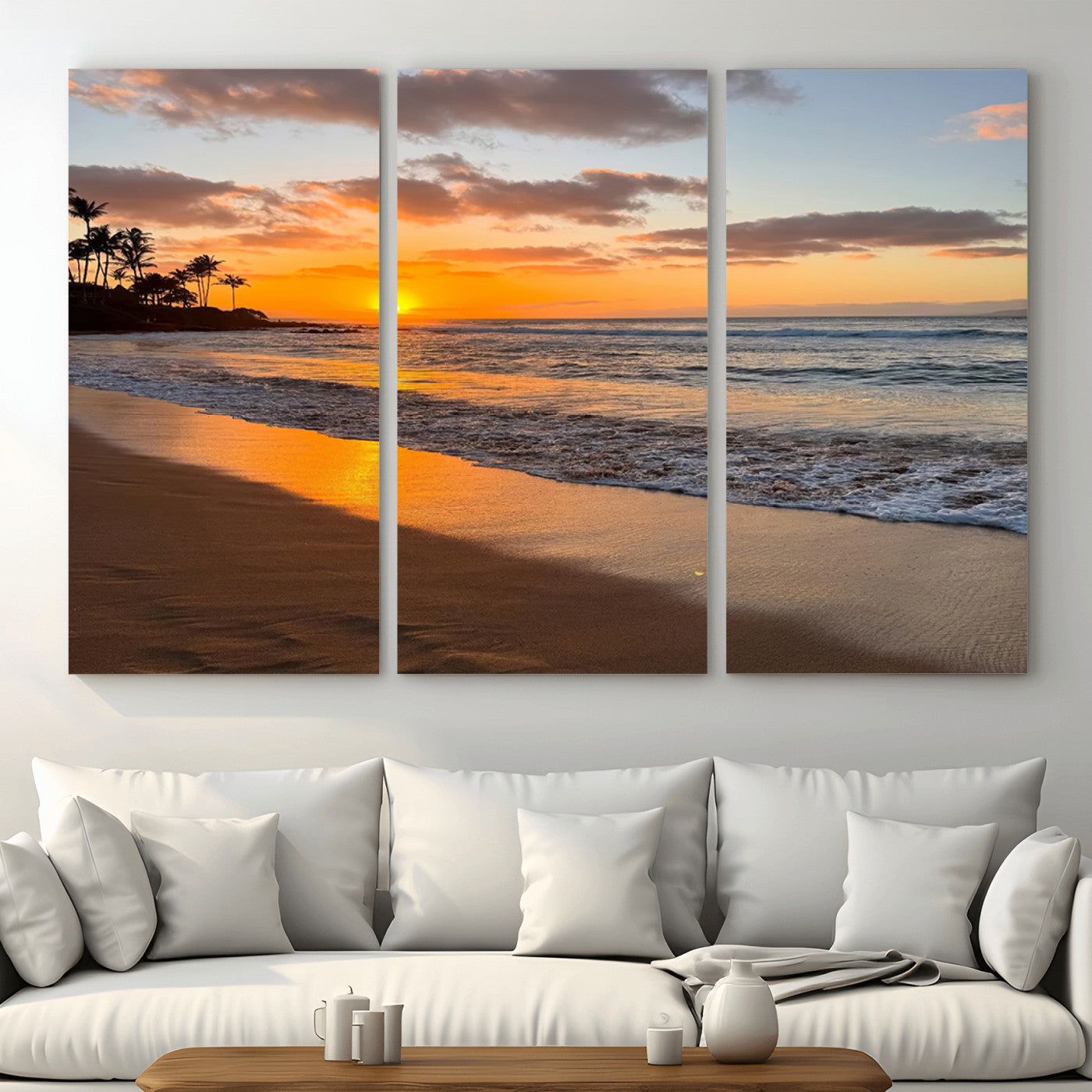 MGV-CV-48X32-3P - Sunset Glow Wall Art – Canvas Print of Ocean Breeze, Golden Sand, Tropical Palm Silhouettes, Tranquil Waves, Beach Nature Decor for Home