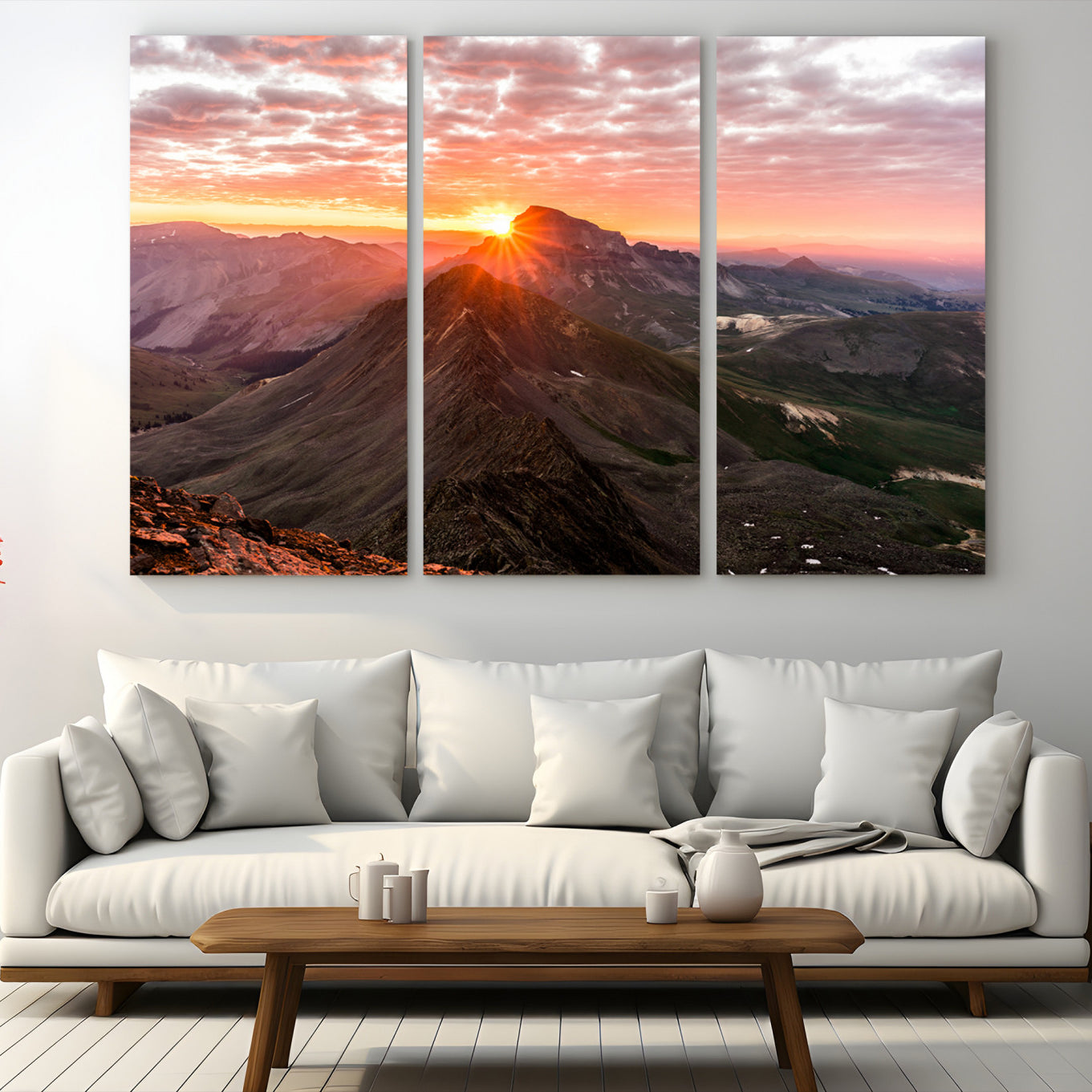 Canvas showing a mountain ridge at sunrise with golden light and dramatic clouds, perfect for nature or rustic-inspired wall decor.