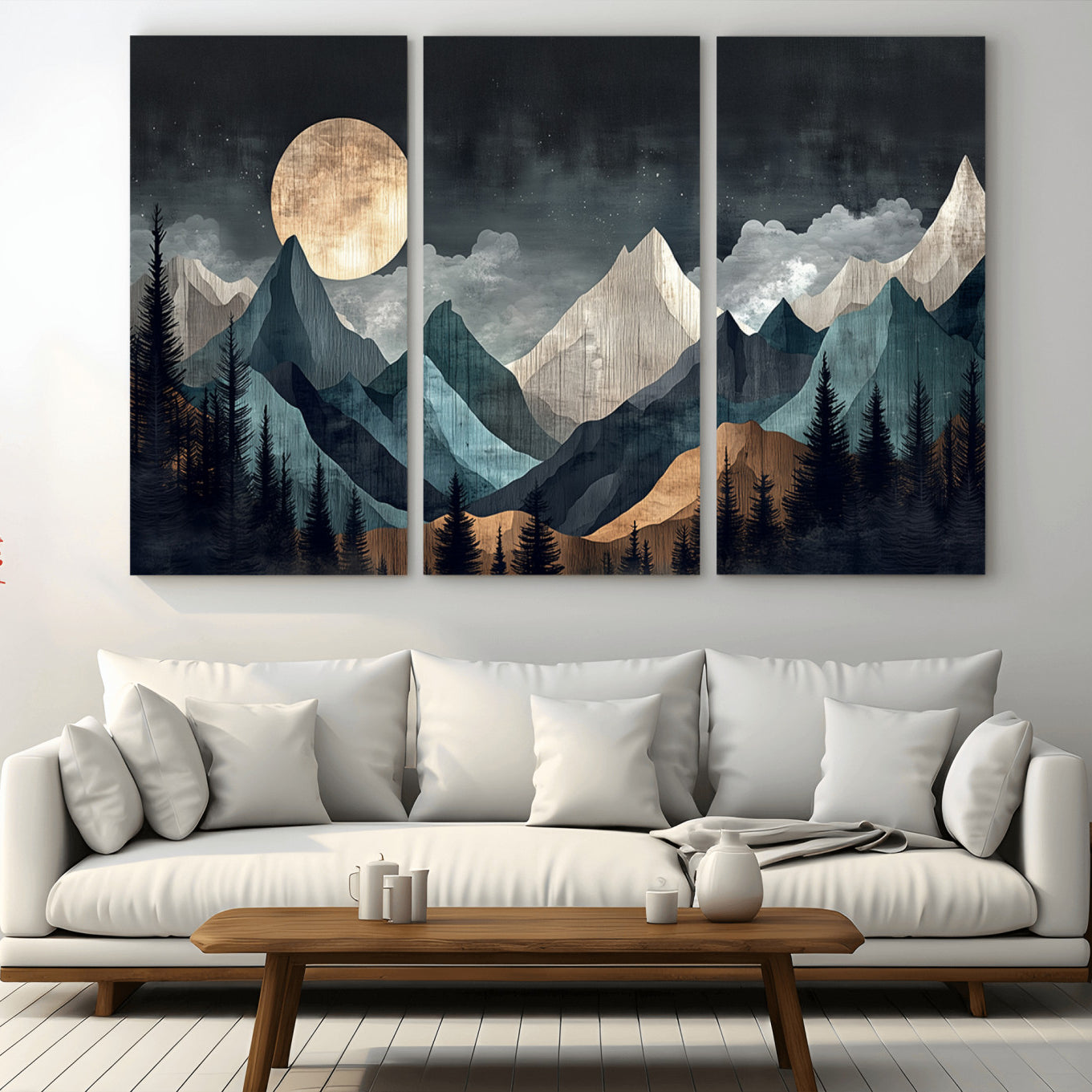 11060882-MGV-CV-36X24-Moonlit Mountain Wall Art Canvas Print – Silhouetted Pines Layered Peaks Tranquil Sky Mist Silver Light Nature Artwork for Home