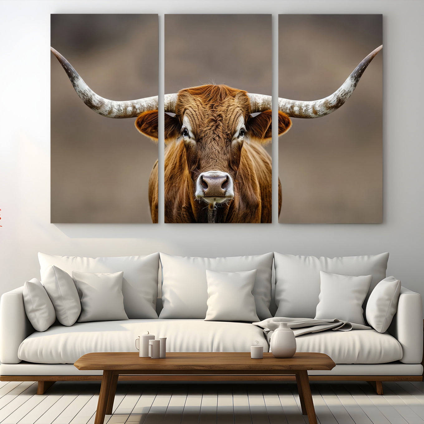 12179171-MGV-CV-48X32-3P-Texas Longhorn Wall Art Canvas Print, Framed Brown Bull Art Picture Print, Lone Cattle Perfect