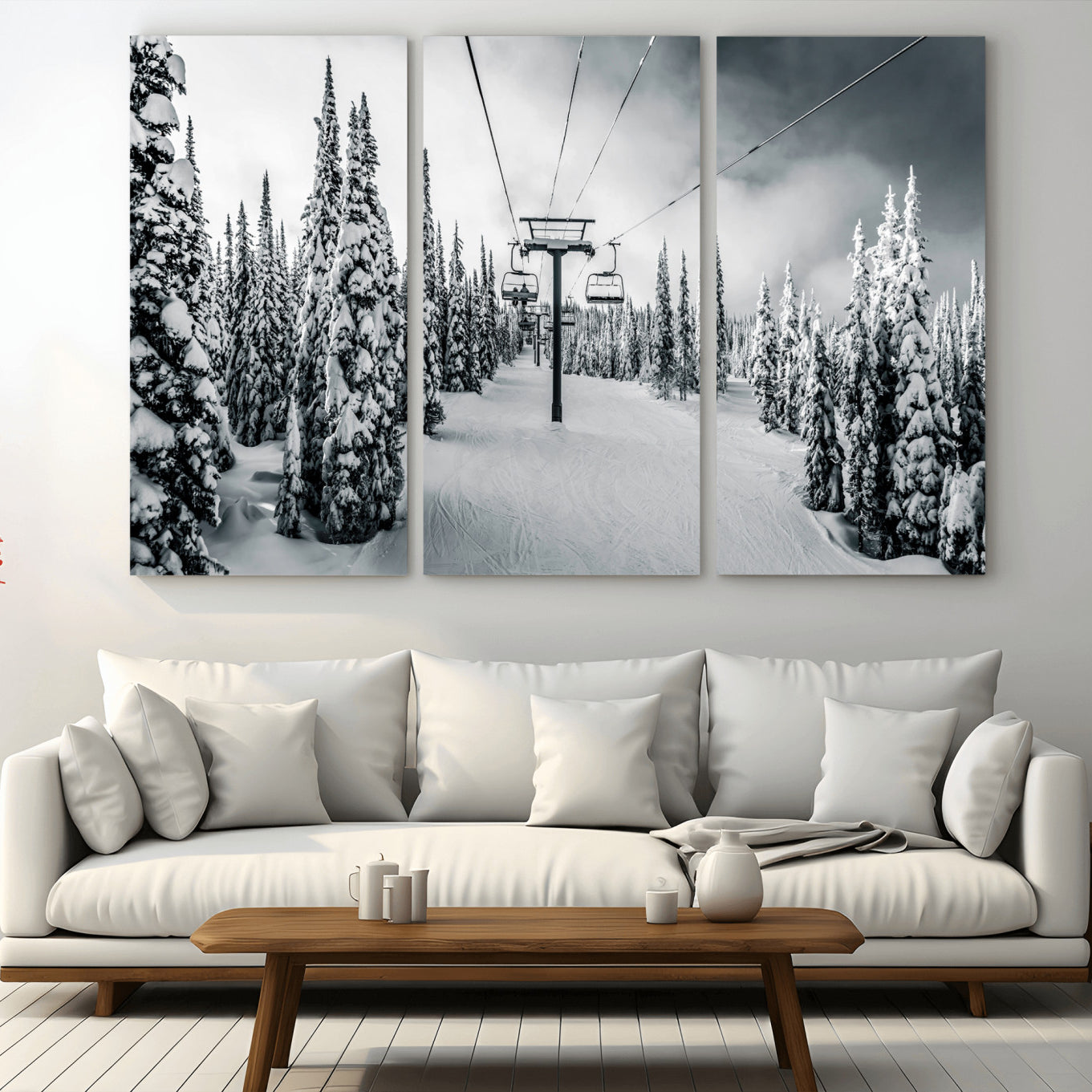 31156828-MGV-CV-36X24-Snowy Pines Wall Art Canvas Print – Framed Ski Lift Winter Forest Snowy Landscape Moody Lodge Artwork for Home, Office