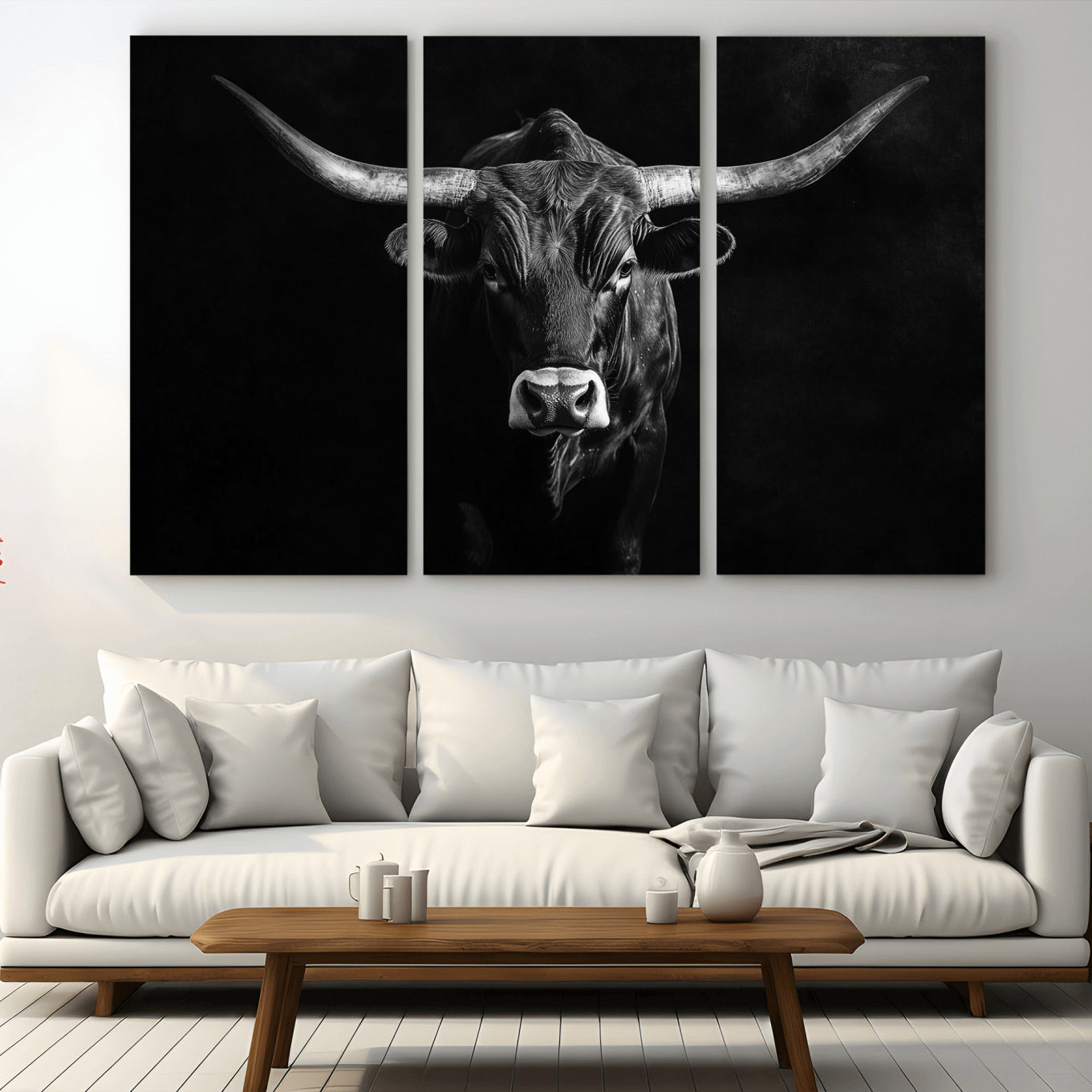 -Texas Longhorn Wall Art Canvas Print, Framed Monochrome Bull Art Picture Print, Horned Bull Perfect Rustic Western Decor Artwork