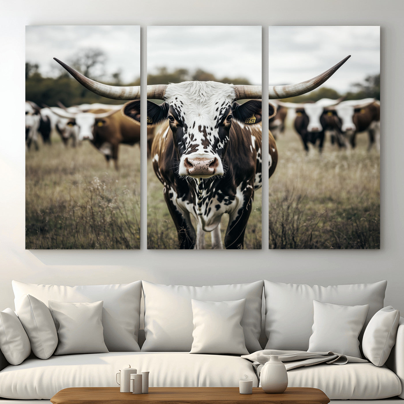 MGV-CV-48X32-3P - Majestic Longhorn Cow Wall Art – Canvas Print of Intricate Fur & Sharp Horns Earthy Tones Serene Landscape, Rustic Charm Decor for Living Room, Office or Bedroom