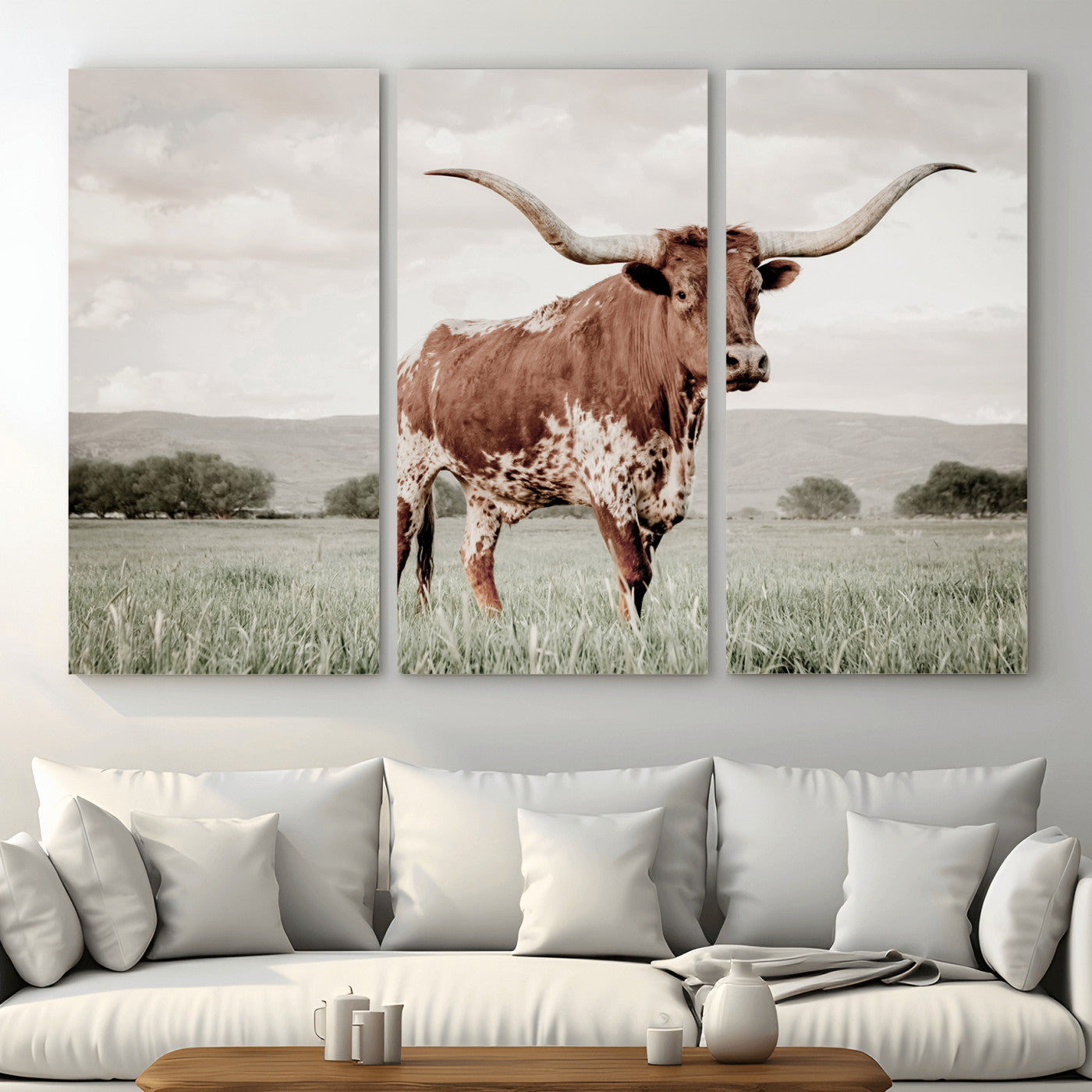 MGV-CV-48X32-3P - Texas Longhorn Wall Art Canvas Print, Framed Spotted Cattle Art Picture Print, Horned Bull Perfect Rustic Western Decor Artwork