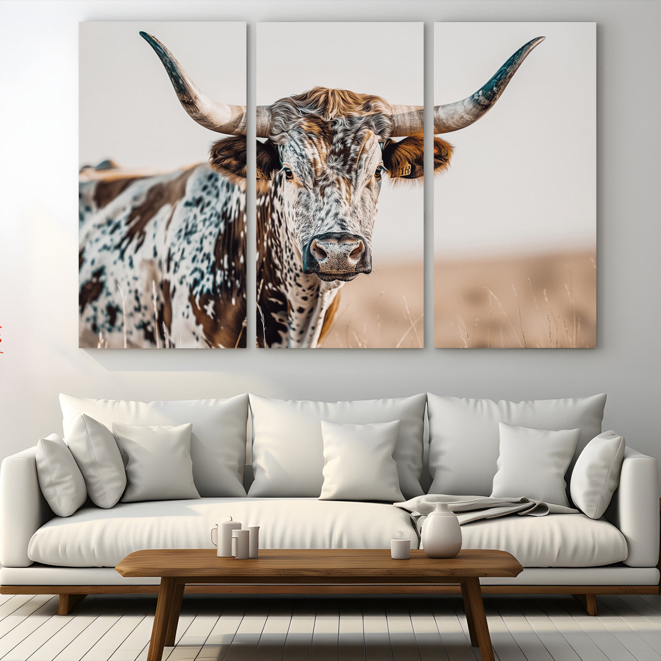 Canvas of a speckled Texas longhorn with wide curved horns and warm tones, perfect for rustic or country-style wall decor.