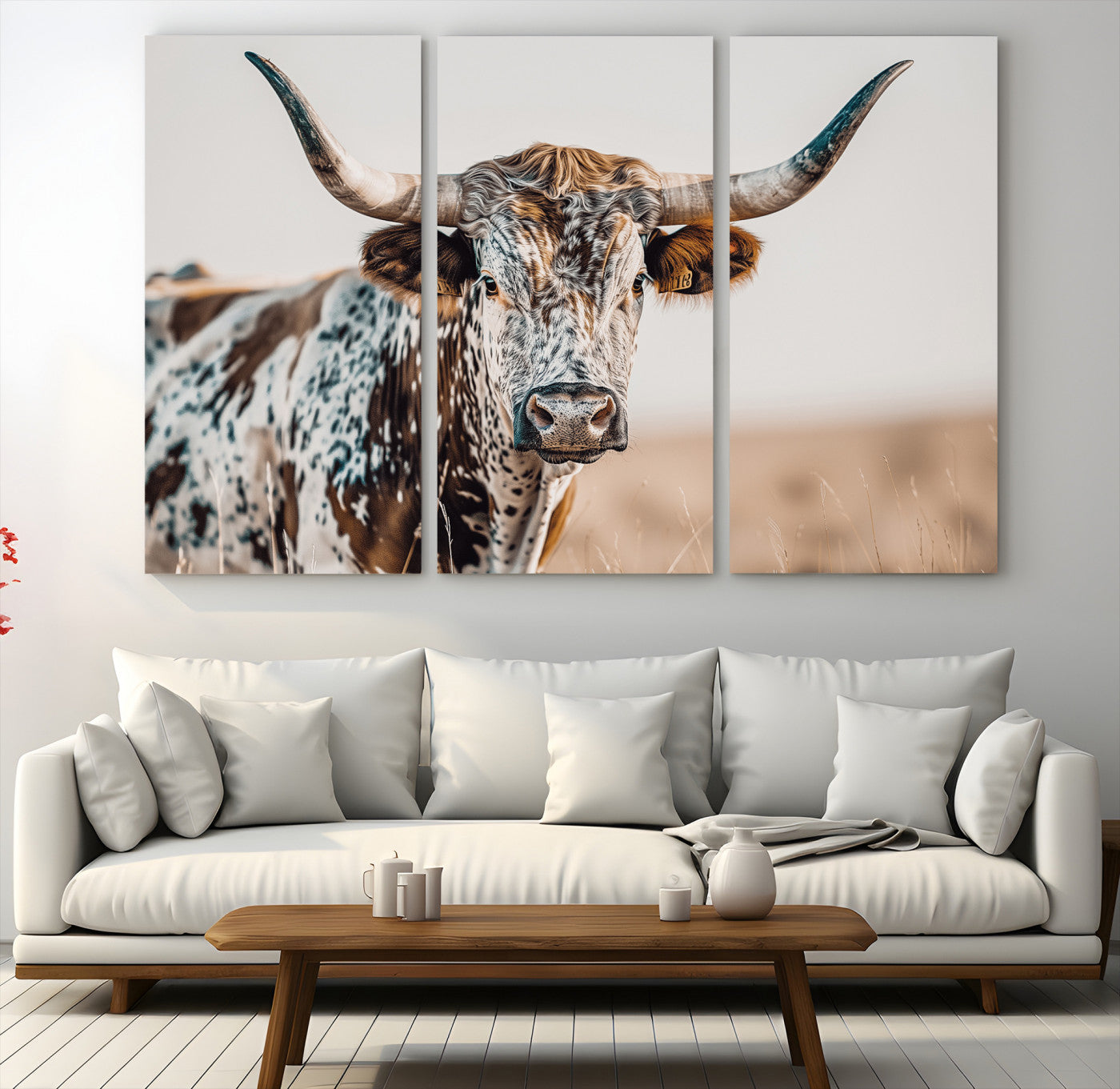 Canvas of a speckled Texas longhorn with wide curved horns and warm tones, perfect for rustic or country-style wall decor.
