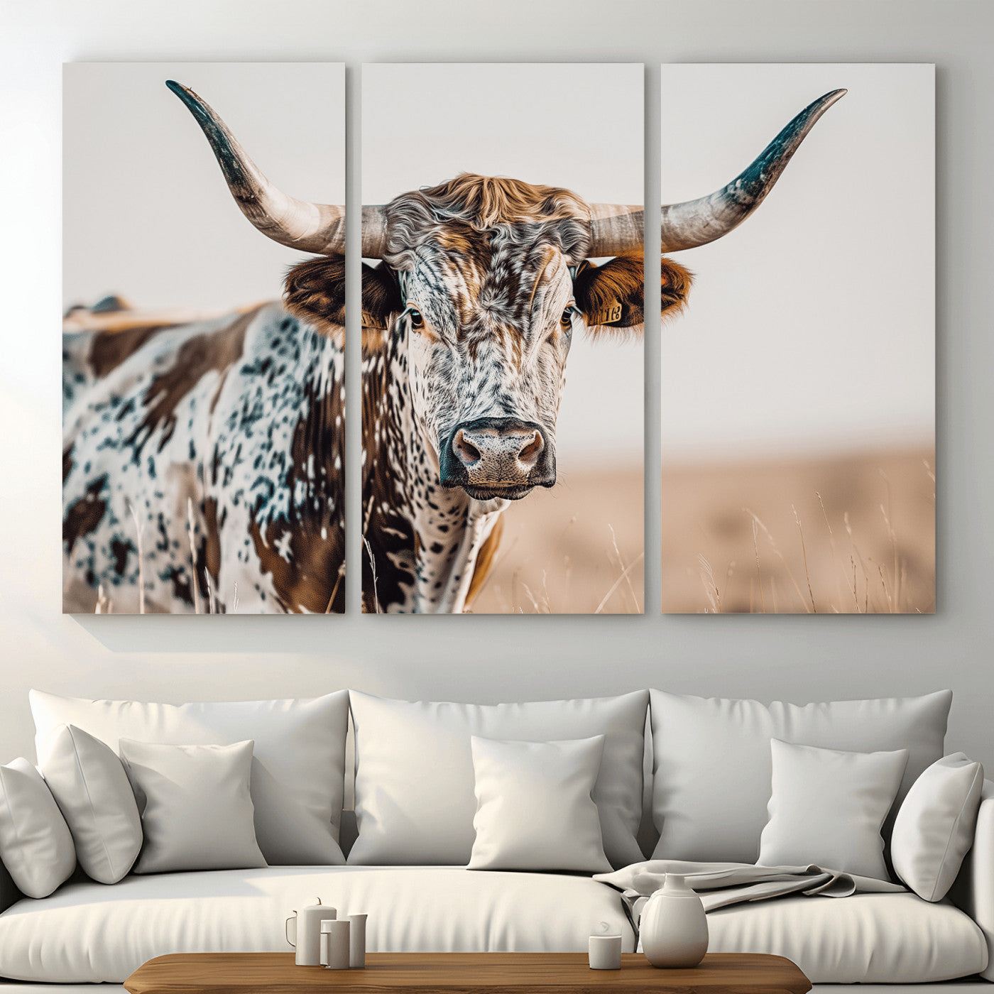 70414966-MGV-CV-48X32-3P - Majestic Longhorn Wall Art – Canvas Print of Strong Stance Intricate Fur & Sharp Horns Rustic Elegance & Timeless Wild Beauty Decor for Living Room, Office or Bedroom