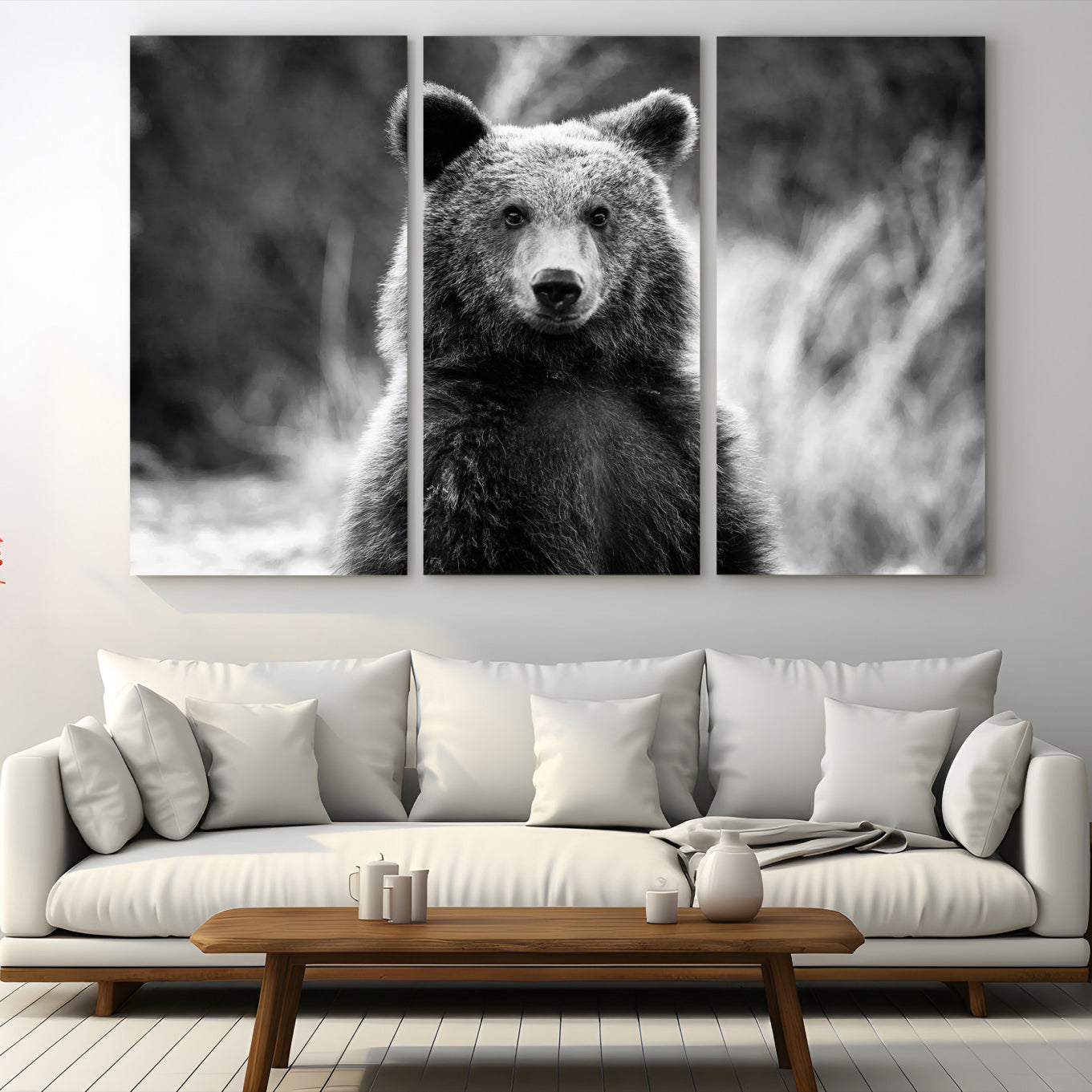 Black and white portrait of a grizzly bear with sharp detail and intense gaze, ideal for neutral-toned wildlife or rustic nature decor.