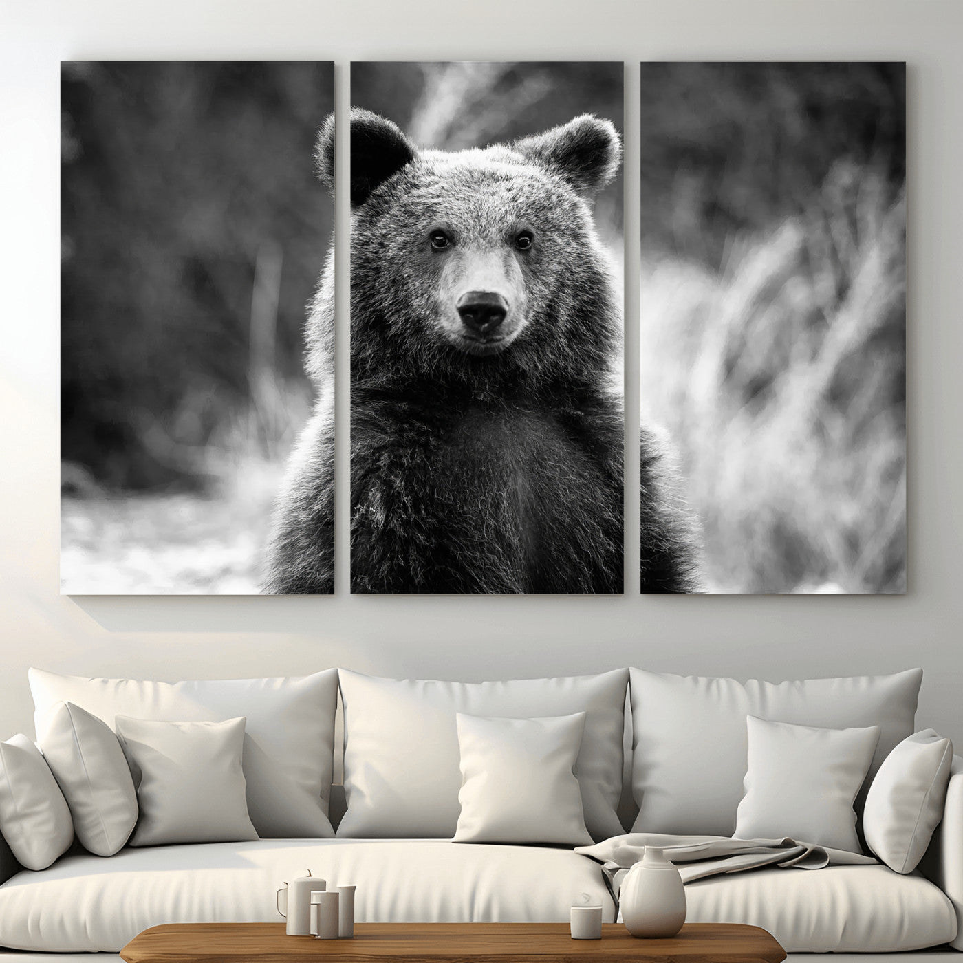 55656803-MGV-CV-36X24-Grizzly Bear Wall Art Canvas Print – Framed Black White Wildlife Rustic Nature Artwork for Home, Office Decor