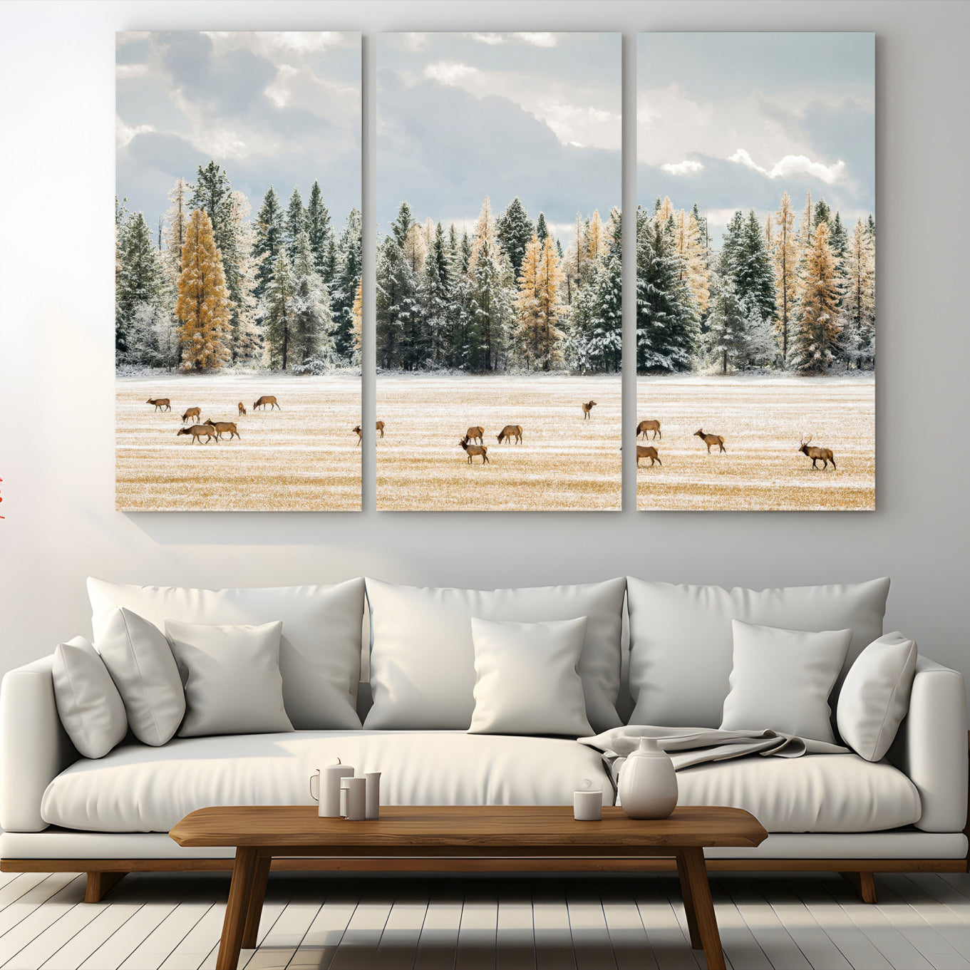 Elk herd in a snowy field with golden pine trees and frosted evergreens, ideal for neutral rustic or cabin-style home decor.