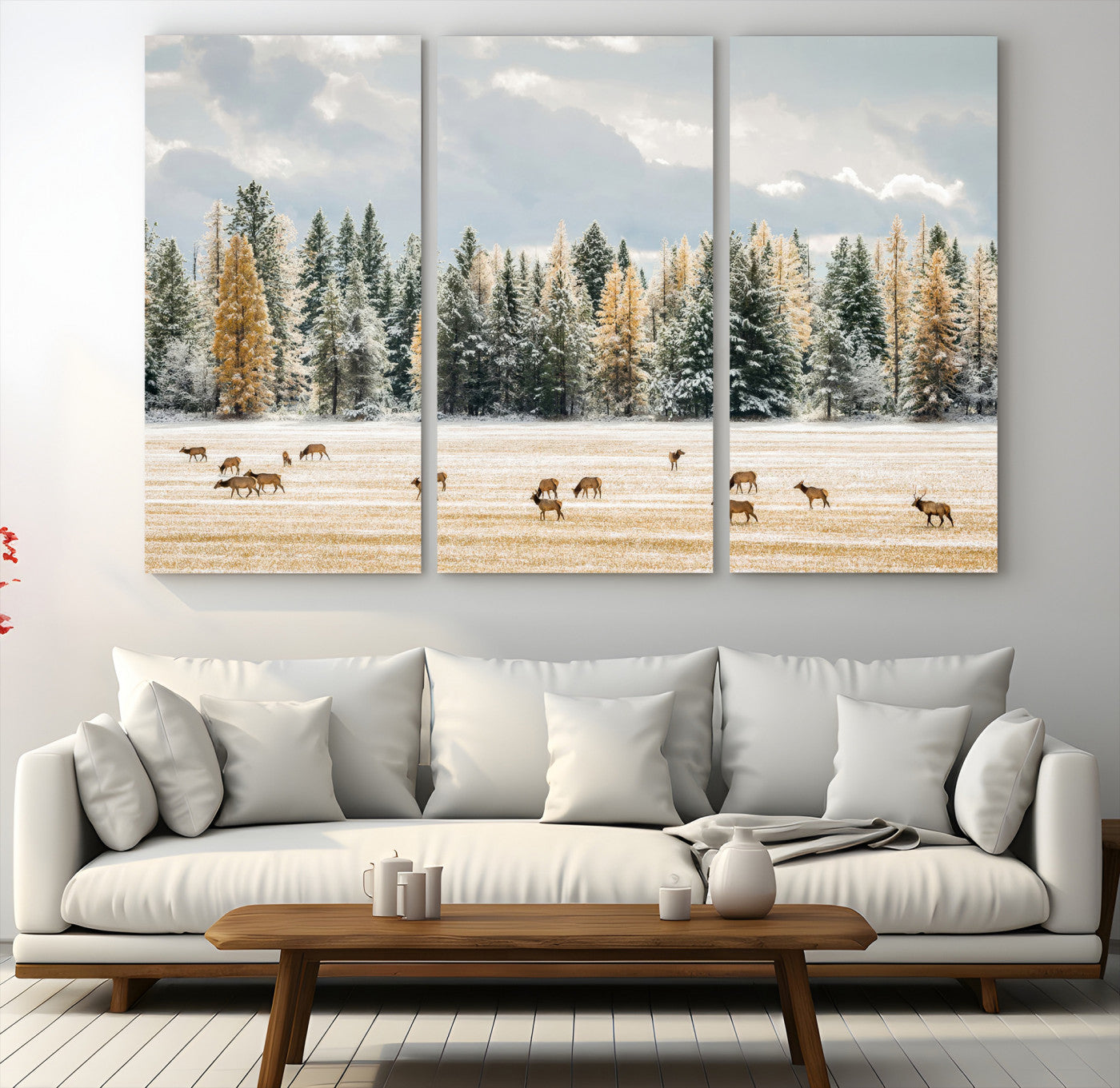 Elk herd in a snowy field with golden pine trees and frosted evergreens, ideal for neutral rustic or cabin-style home decor.