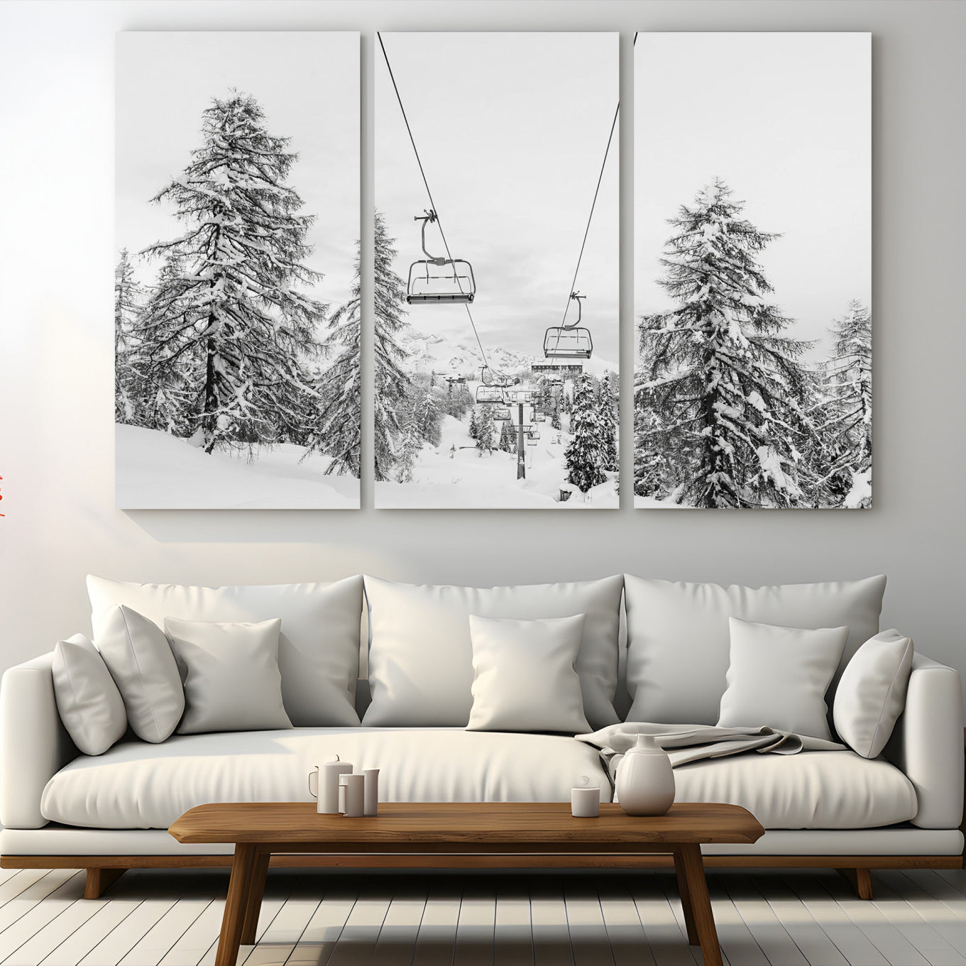Black and white image of a ski lift amidst snow-covered pine trees, ideal for winter mountain or cabin-themed decor.