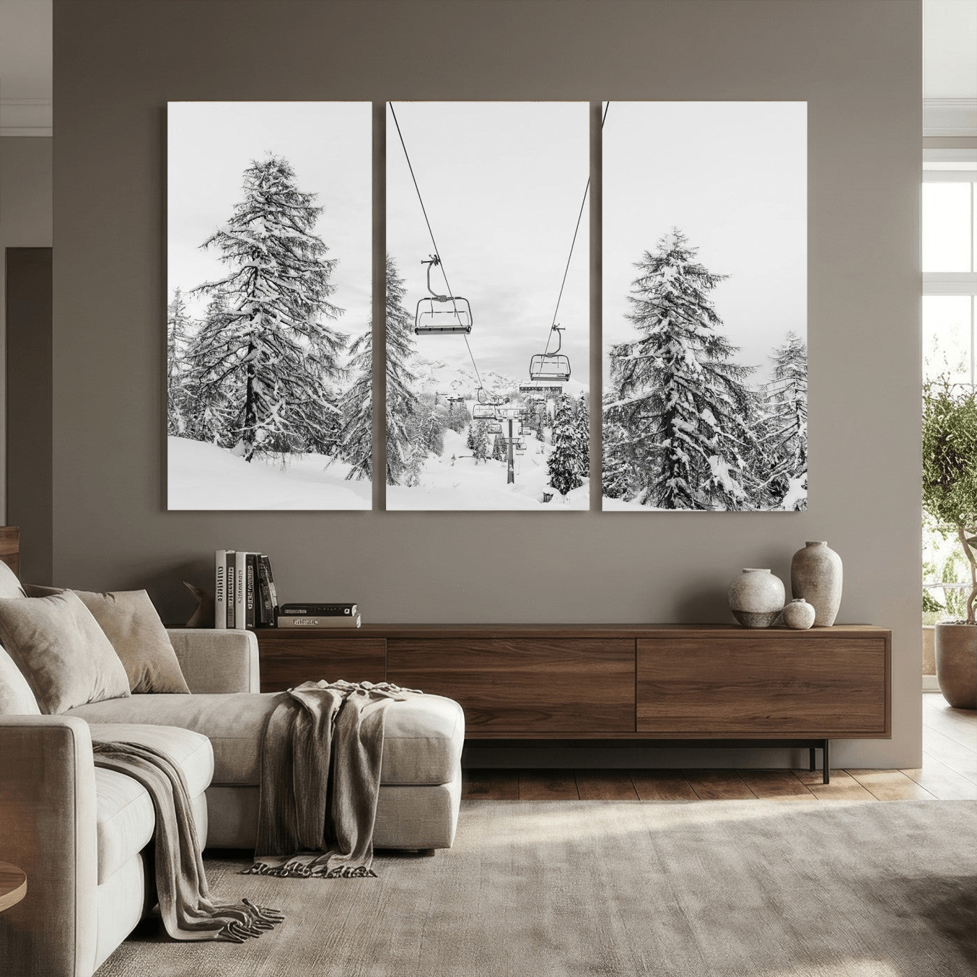 55003599-MGV-CV-36X24 - Snowy Ski Lift Wall Art – Framed Winter Forest Canvas Artwork, Peaceful Mountain Design, Modern Nature Decor for Home, Office