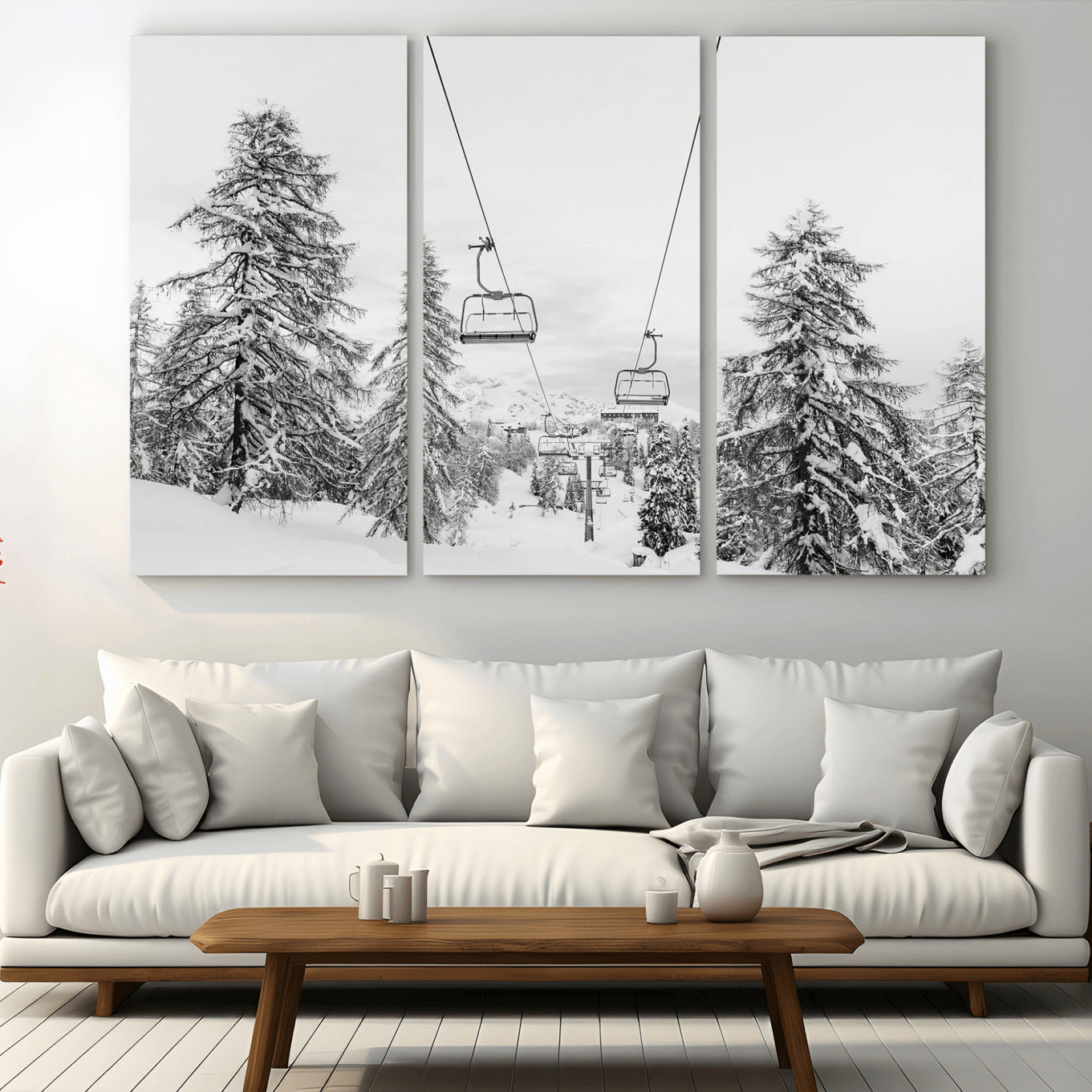 MGV-CV-48X32-3P - Wall Art Canvas Print Winter Chairlift Views Silent Snow-Covered Pines Mountain Calm Serenity Frozen