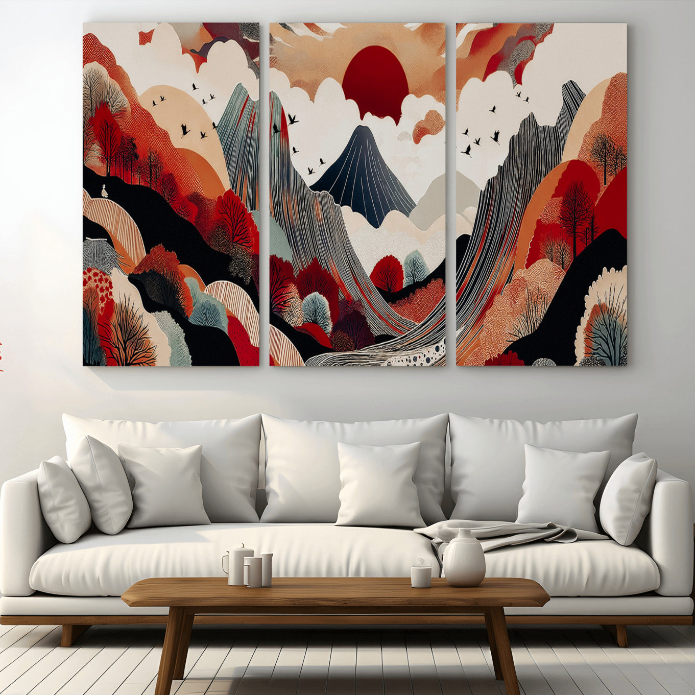 -Abstract Mountain Wall Art Canvas Print, Framed Vibrant Landscape Art Picture Print, Stylized Nature Drawing Perfect Contemporary Minimalist Decor Artwork