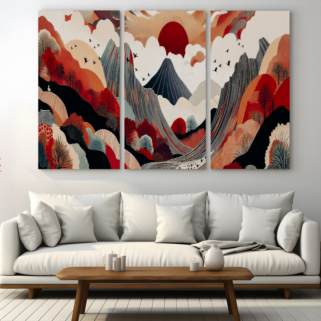 Abstract nature illustration with a red sun, mountains, and vibrant landscapes in graphic style, perfect for contemporary minimalist home decor. Ideal for modern spaces.