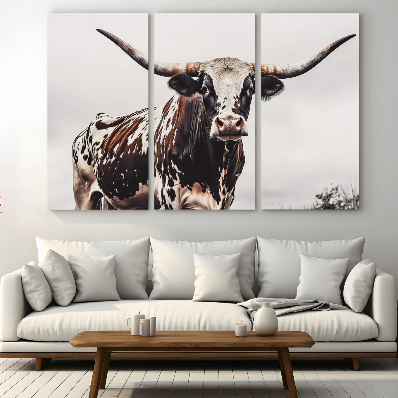Close-up of a Texas Longhorn bull with powerful horns, perfect for rustic farmhouse or country-themed home decor. Ideal for animal lovers.