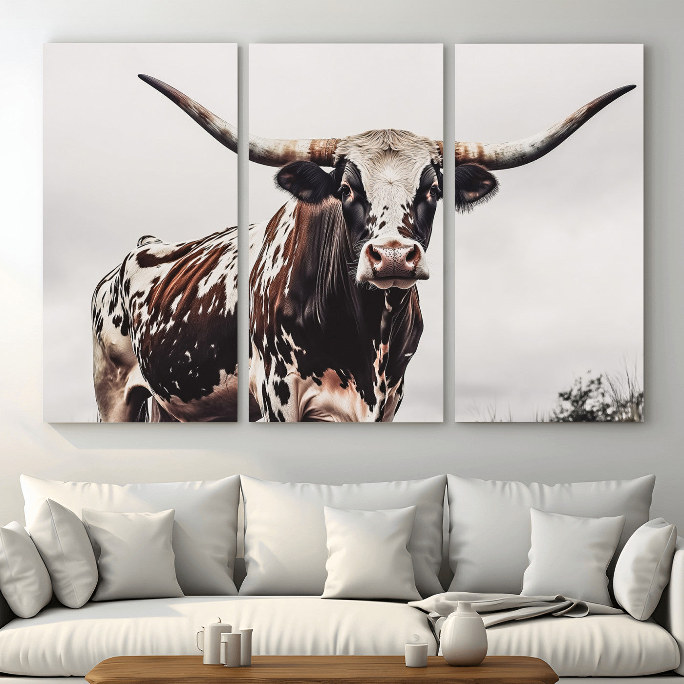 MGV-CV-48X32-3P - Texas Longhorn Wall Art Canvas Print, Framed Spotted Bull Art Picture Print, Horned Cattle Perfect Rustic Farmhouse Decor Artwork