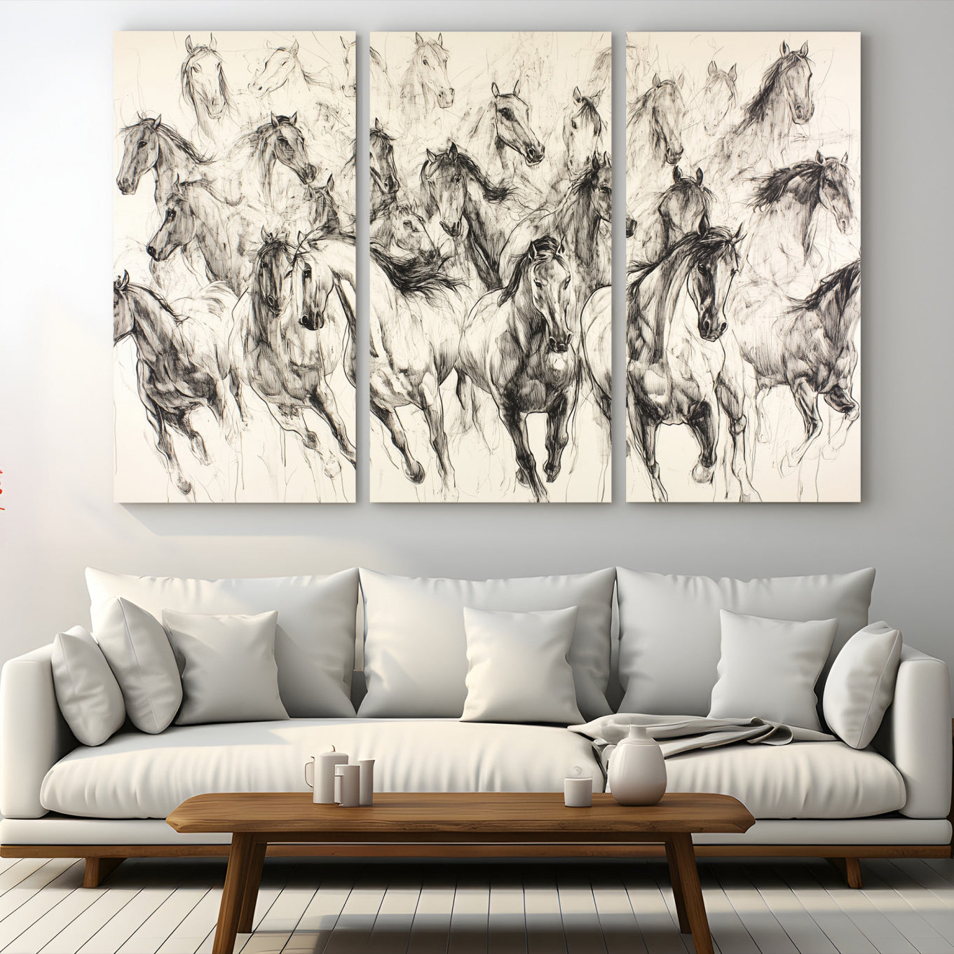 19433417-MGV-CV-48X32-3P-Running Horses Wall Art Canvas Print – Framed Galloping Herd Dynamic Equestrian Sketch Nature Artwork for Home Office